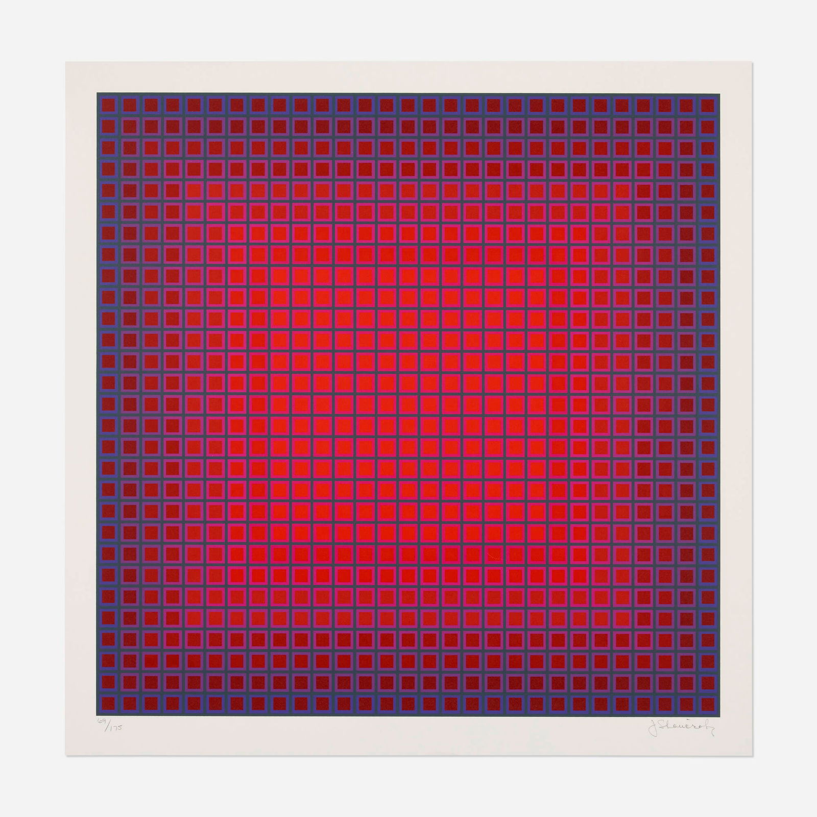 Julian Stanczak, Compounded Red: Julian Stanczak Compounded Red 1980screenprint in colors image: 23.25 h x 23.25 w in (59 x 59 cm) sheet: 26 h x 25.75 w in (66 x 65 cm) Signed and numbered to lower edge '69/175 J Stanczak'