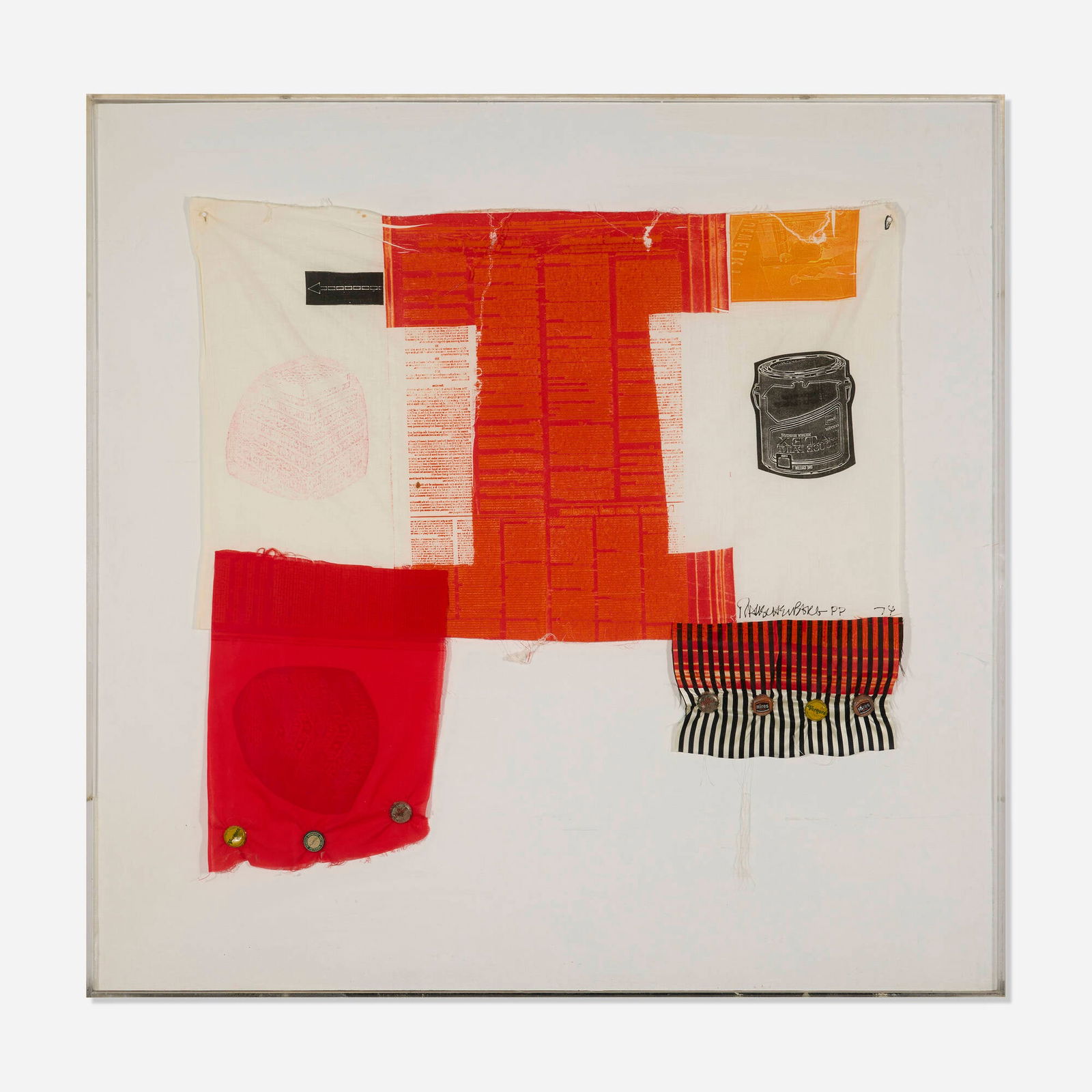 Robert Rauschenberg, Cat Paws (from the Airport Suite): Robert Rauschenberg Cat Paws (from the Airport Suite) 1974relief and intaglio in colors on fabric with bottle caps and buttons 34 h x 35.75 w in (86 x 91 cm) Signed, dated and numbered to righ