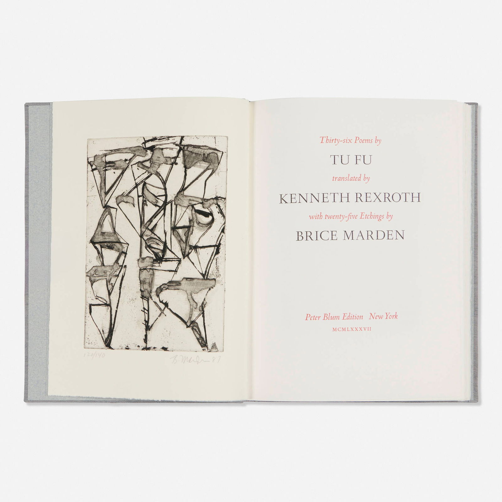 Brice Marden, Thirty-six Poems by Tu Fu: Brice Marden Thirty-six Poems by Tu Fu 1987bound printed paper, etching and sugarlift aquatint on Rives BFK 10 h x 7.25 w x 1 d in (25 x 18 x 3 cm) Book includes etching by Brice Marden to pag