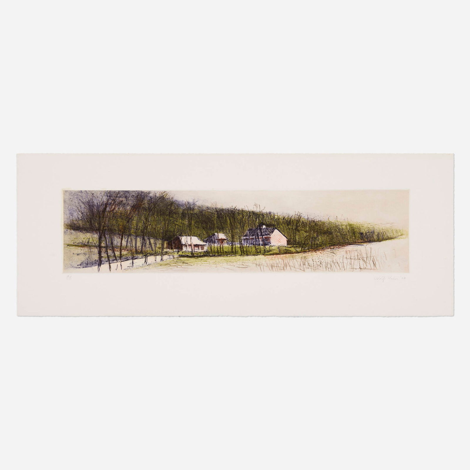 Wolf Kahn, Farm on the Flood Plain: Wolf Kahn Farm on the Flood Plain 1988etching, drypoint and aquatint in colors image: 5.625 h x 23.5 w in (14 x 60 cm) sheet: 11 h x 29.625 w in (28 x 75 cm) Signed, dated and numbered to l