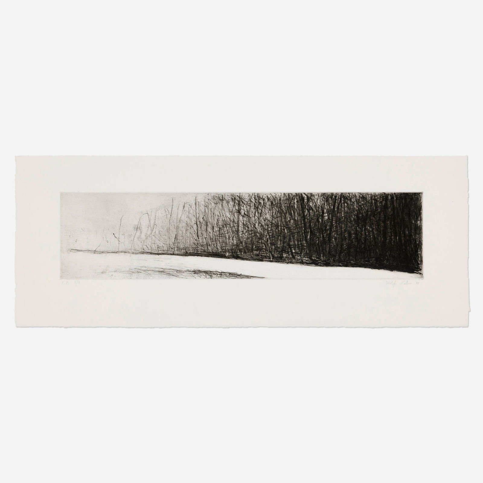 Wolf Kahn, Winter River: Wolf Kahn Winter River 1988etching and drypoint image: 5.75 h x 23.625 w in (15 x 60 cm) sheet: 11.125 h x 29.625 w in (28 x 75 cm) Signed, dated and numbered to lower margin 'E.P. 3/3 Wolf
