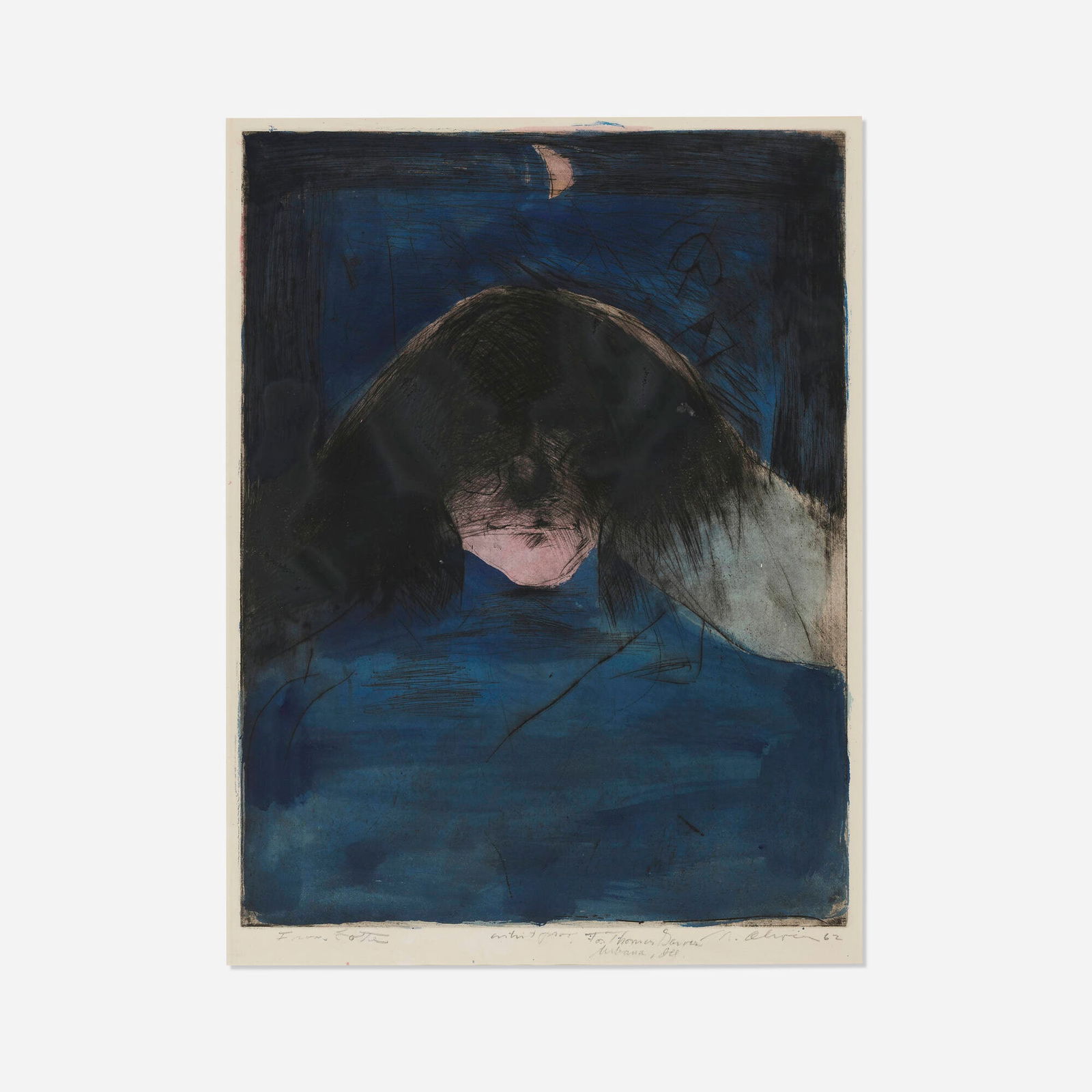 Nathan Oliveira, For Lotte: Nathan Oliveira For Lotte 1962etching with hand-coloring image: 23.25 h x 17.75 w in (59 x 45 cm) sight: 24.75 h x 18.625 w in (63 x 47 cm) Signed, titled, dated, numbered and inscribed to