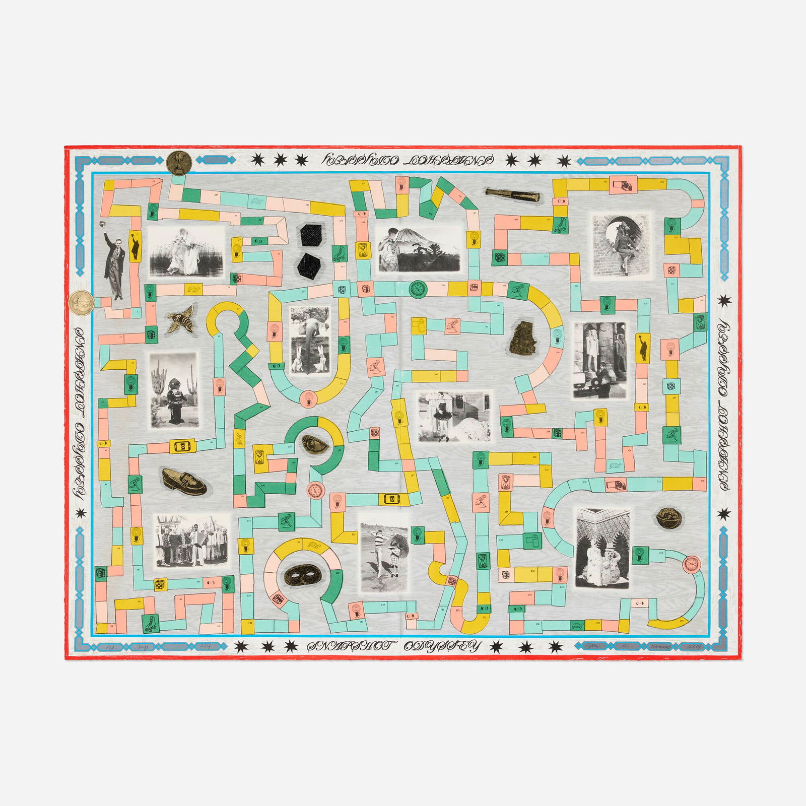 Jane Hammond, Snapshot Odyssey: Jane Hammond Snapshot Odyssey 2014lithograph in colors with pochoir, digital laser printing, chine colle and collage on BFK Rives, Thai mulberry, Mokume wood-grain and metallic papers 30 h x 39.5 w i