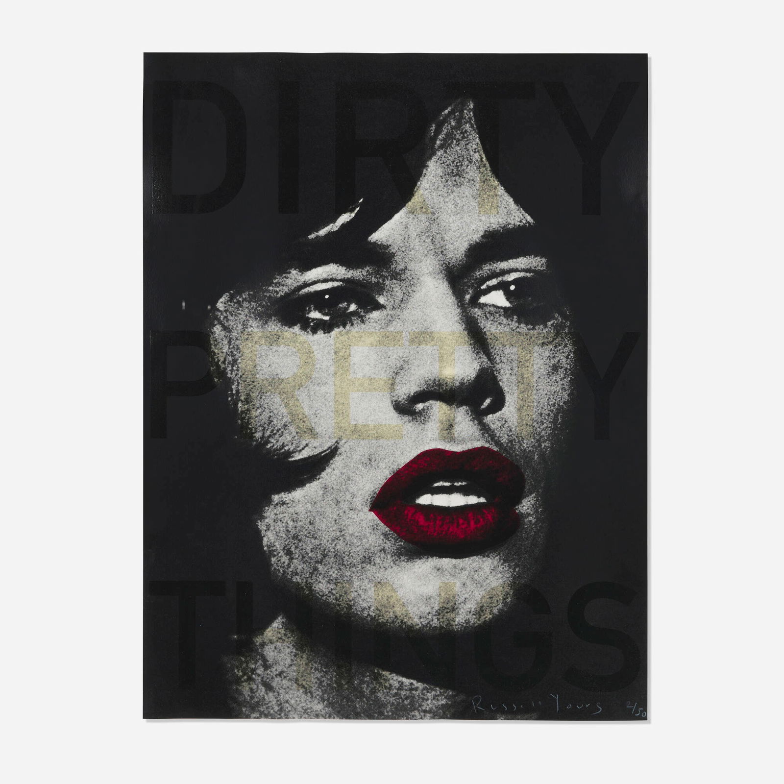 Russell Young, Jagger, Dirty Pretty Things: Russell Young Jagger, Dirty Pretty Things 2010acrylic and enamel screenprint in colors with UV text 31.875 h x 24.125 w in (81 x 61 cm) Signed and numbered to lower edge 'Russell Young 2/50'.
