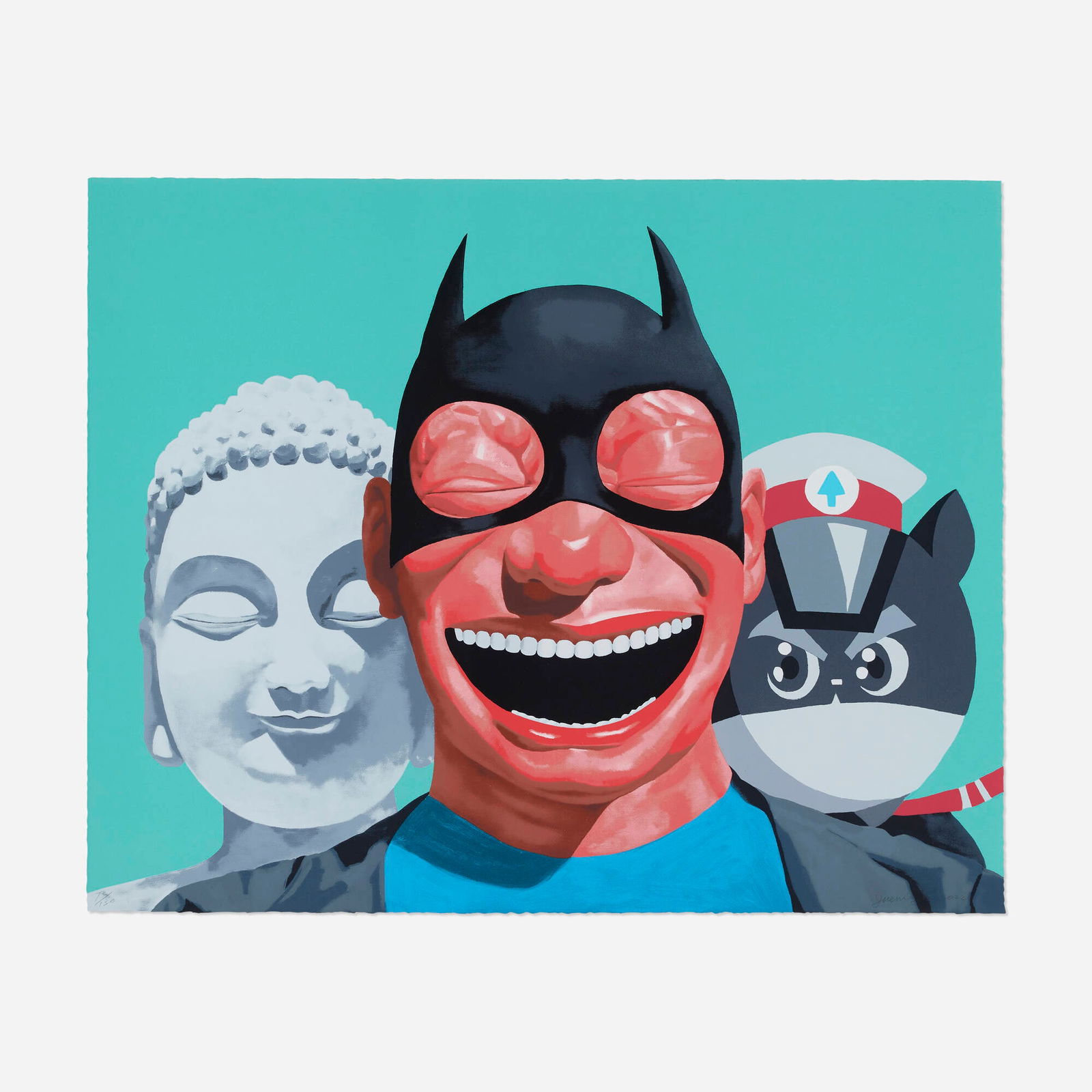 Yue Minjun, The Three Musketeers: Yue Minjun The Three Musketeers 2022screenprint in colors on BFK Rives 31.5 h x 39.5 w in (80 x 100 cm) Signed, dated and numbered to lower edge '78/130 Yue Minjun 2022'. This work is number 7