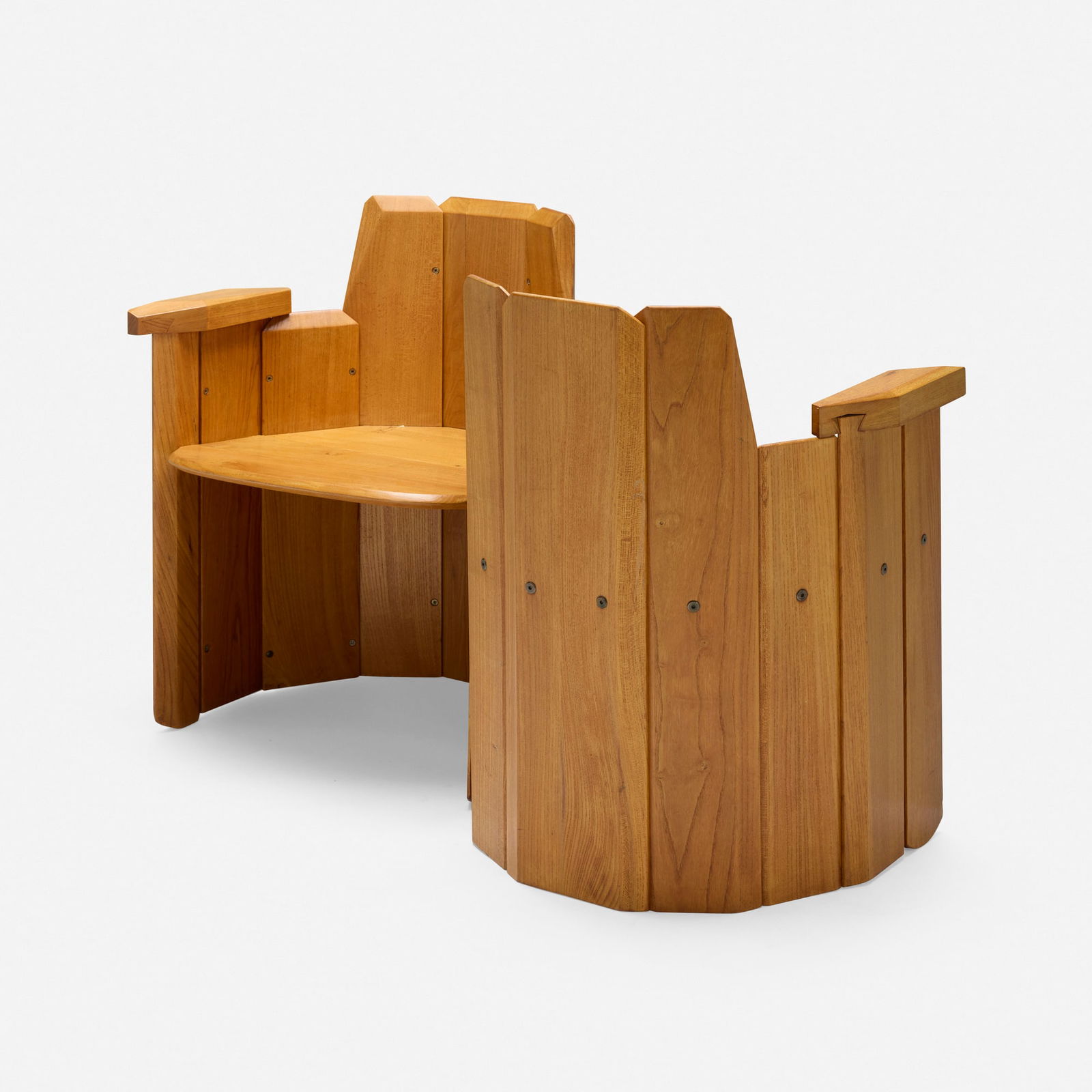 Pierre Chapo, FID armchairs, set of two: Pierre Chapo FID armchairs, set of two France, c. 1970elm 31 h x 45.125 w x 24 d in (79 x 115 x 61 cm) Provenance: Private Collection This work will ship f