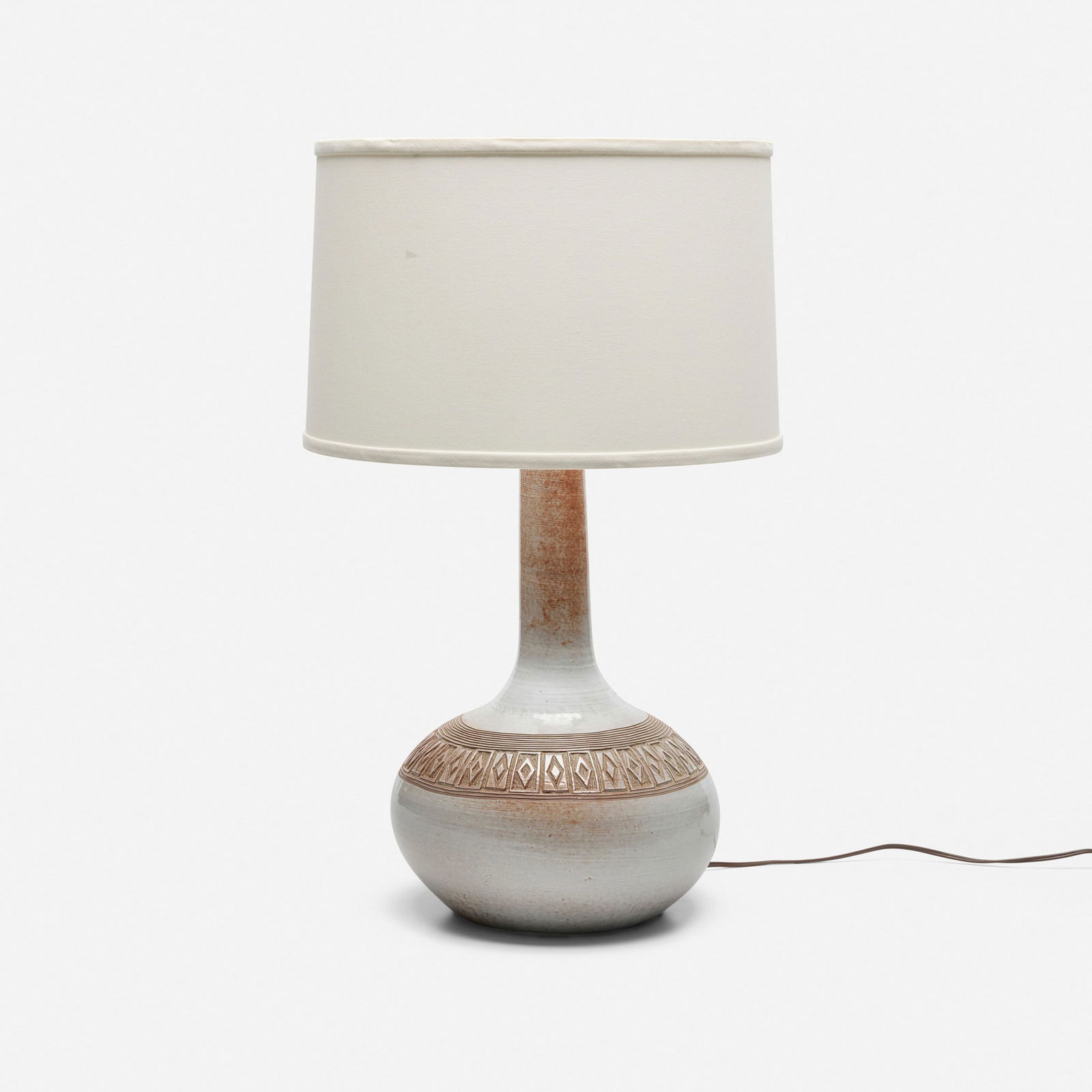 French, Table lamp: French Table lamp c. 1960glazed stoneware, linen shade, brass 26.5 h x 16 dia in (67 x 41 cm) Signed to underside 'Tiehoux IM Luc En Diois'. Provenance: Private Collect