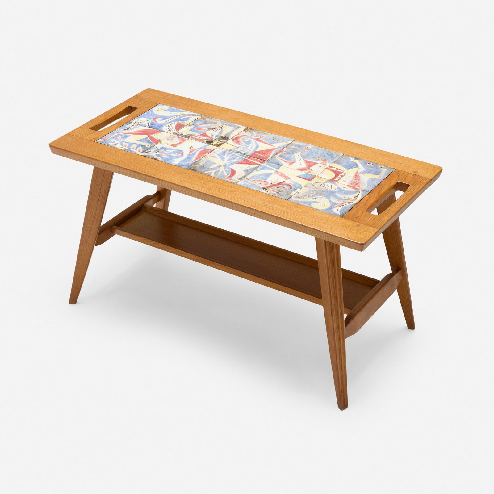 Jean Derval, Coffee table: Jean Derval Coffee table France, c. 1960oak, glazed stoneware 20.5 h x 38 w x 18.375 d in (52 x 97 x 47 cm) Glazed signature to corner tile 'JD'. This work is unique. Provenance