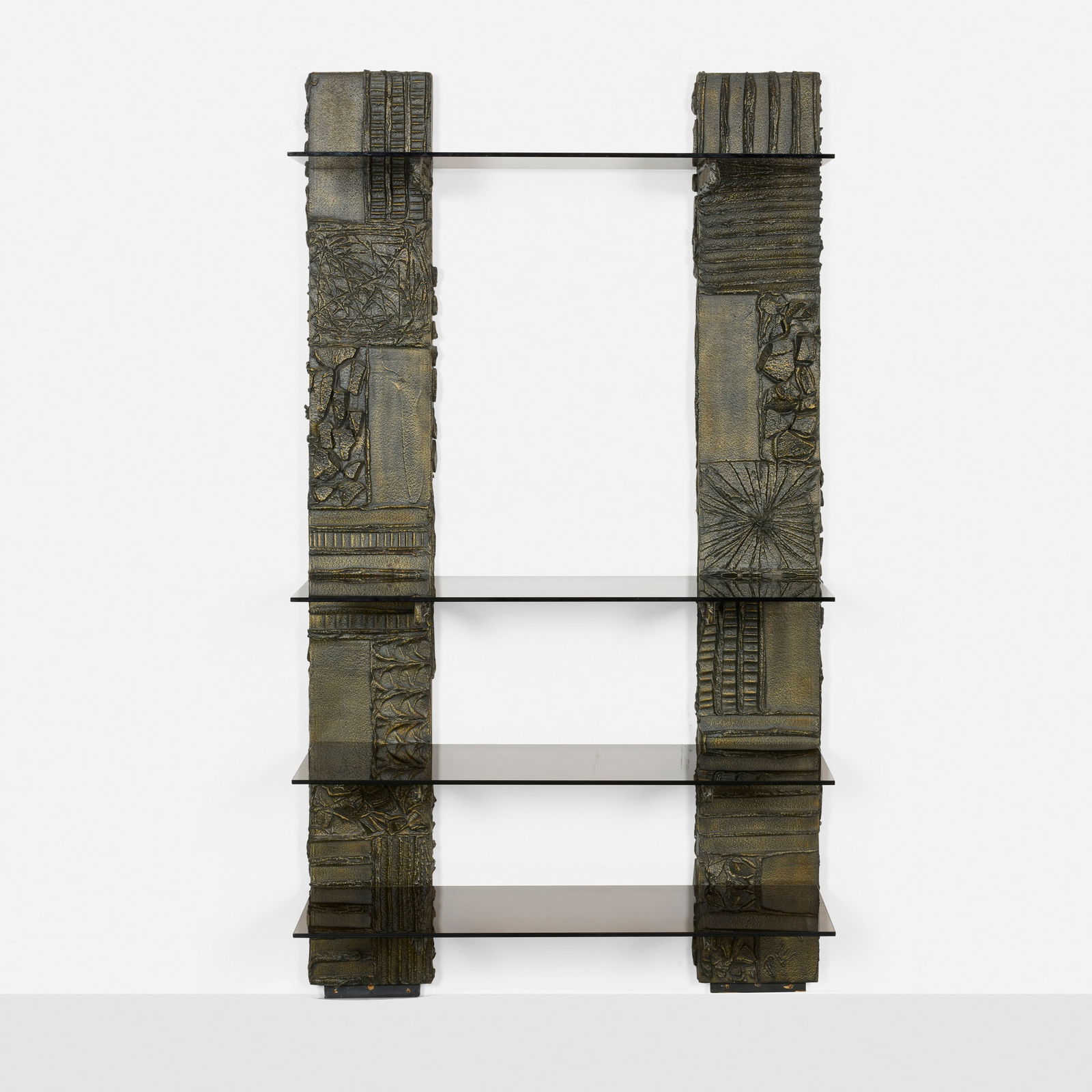 Paul Evans, Sculpted Bronze wall unit, model PE 119: Paul Evans Sculpted Bronze wall unit, model PE 119 Paul Evans Studio for DirectionalUSA, 1973bronze resin over wood, smoked glass 77.5 h x 42 w x 14.25 d in (197 x 107 x 36 cm) Unit feat