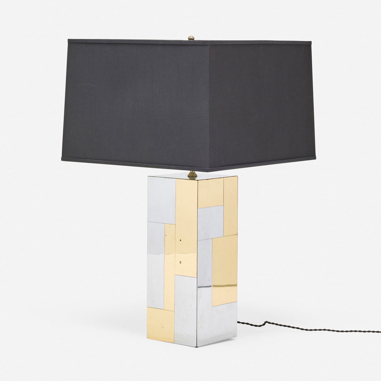 Paul Evans, Cityscape table lamp from the PE 200 series: Paul Evans Cityscape table lamp from the PE 200 series Paul Evans Studio for DirectionalUSA, c. 1975brass, chrome-plated steel, pressed wood, silk shade 33 h x 20 w x 20 d in (84 x 51 x 51 cm)<