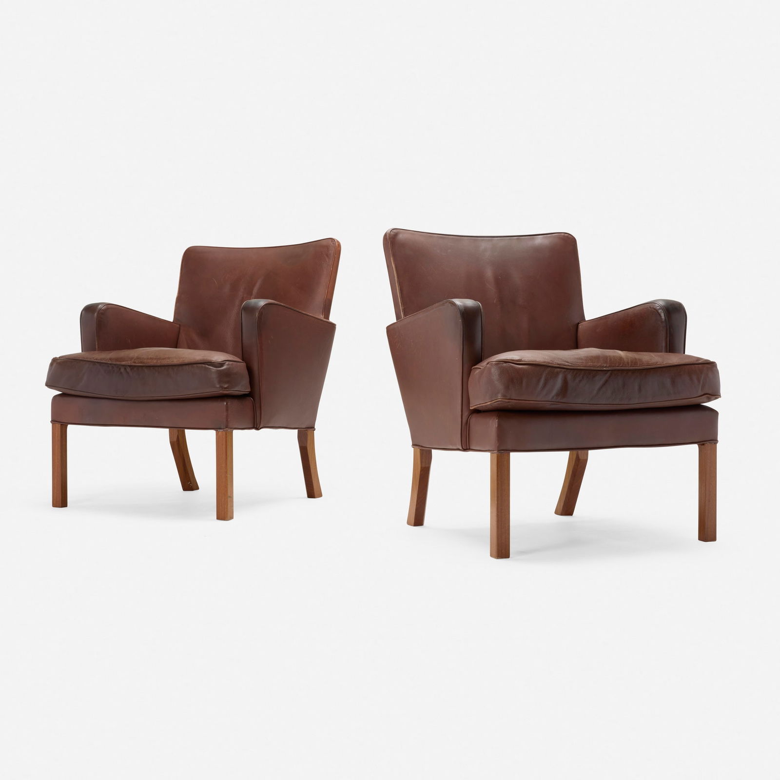 Kaare Klint, Armchairs model 5313, pair: Kaare Klint Armchairs model 5313, pair Denmark, 1934 / c. 1950leather upholstery, mahogany 32 h x 27.5 w x 28 d in (81 x 70 x 71 cm) This design was exhibited at the Copenhagen Cabinetmakers'