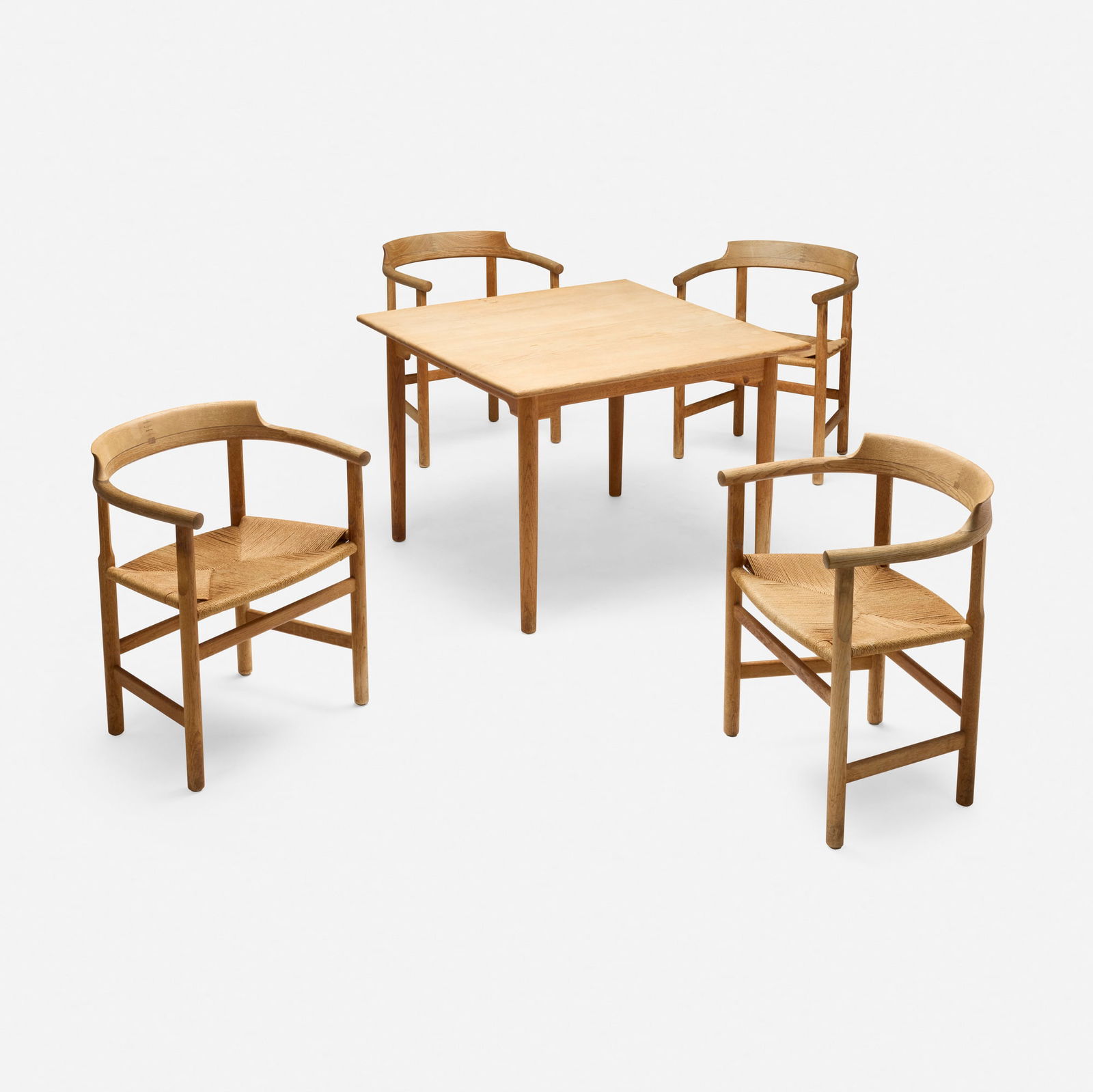 Hans J. Wegner, Dining set: Hans J. Wegner Dining set PP MoblerDenmark, c. 1975oak, jute, wenge table: 27.5 h x 37.25 w x 37.25 d in (70 x 95 x 95 cm) chair: 28.25 h x 22.5 w x 19.5 d in (72 x 57 x 50 cm) Set is