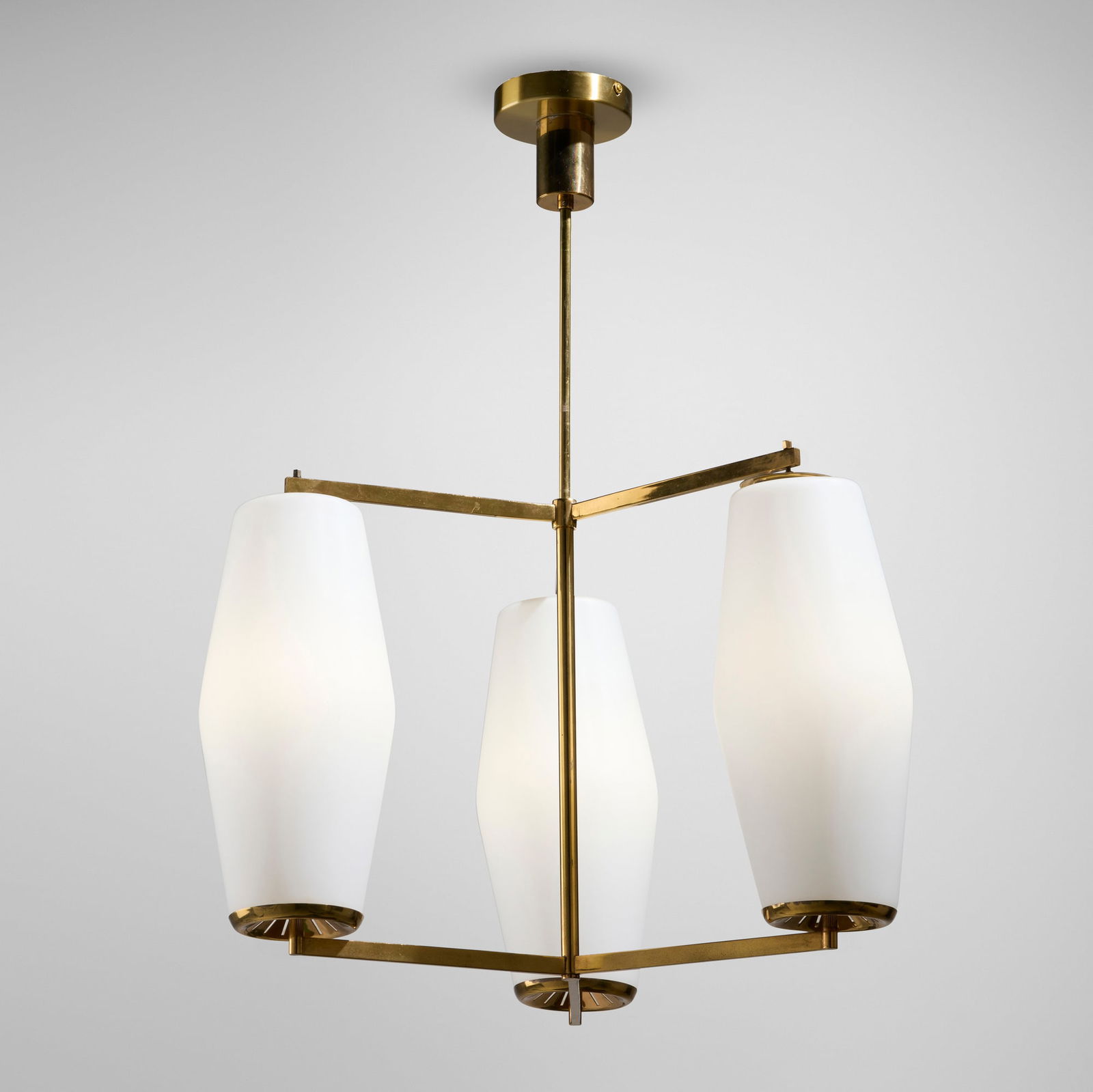 Bruno Gatta, Chandelier: Bruno Gatta Chandelier StilnovoItaly, c. 1960brass, milk glass 30.25 h x 18.5 w x 18.5 d in (77 x 47 x 47 cm) This work will ship from Lambertville, New Jersey.