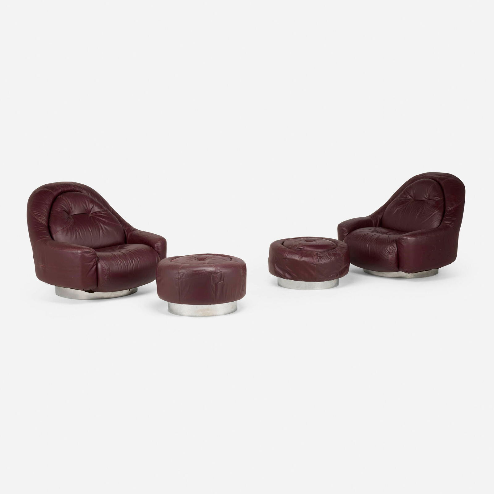 Guido Faleschini, Zator chairs model 120 and ottomans model 120, pair: Guido Faleschini Zator chairs model 120 and ottomans model 120, pair MarianiItaly, c. 1975leather upholstery, chrome-plated steel chair: 36 h x 41 w x 44 d in (91 x 104 x 112 cm) ottoman: 15