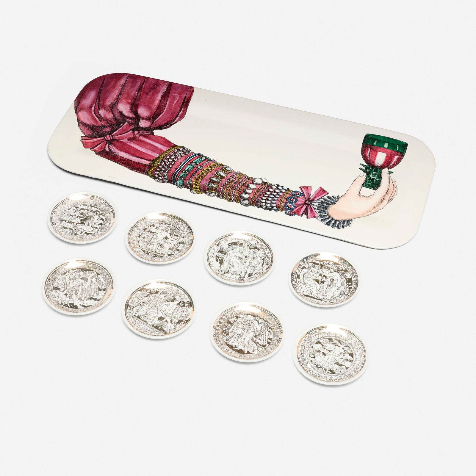 Piero Fornasetti, Braccio ingioiellato tray and Mitologia coasters, set of eight (1 of 4)