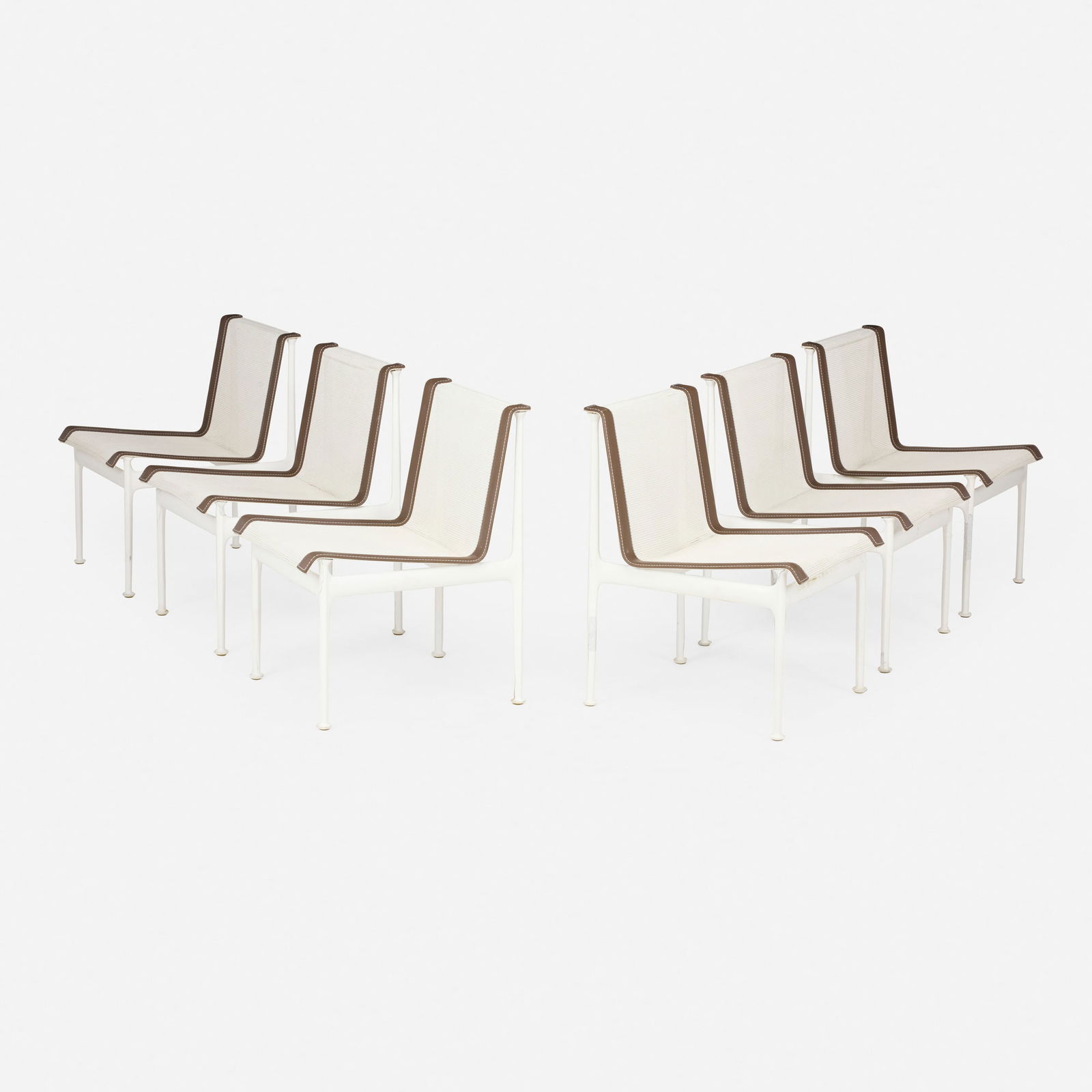 Richard Schultz, 1966 dining chairs, set of six: Richard Schultz 1966 dining chairs, set of six Knoll InternationalUSA, 1966 / c. 1970enameled aluminum, nylon, vinyl 29 h x 19.5 w x 22 d in (74 x 50 x 56 cm) Fabric studio label to back