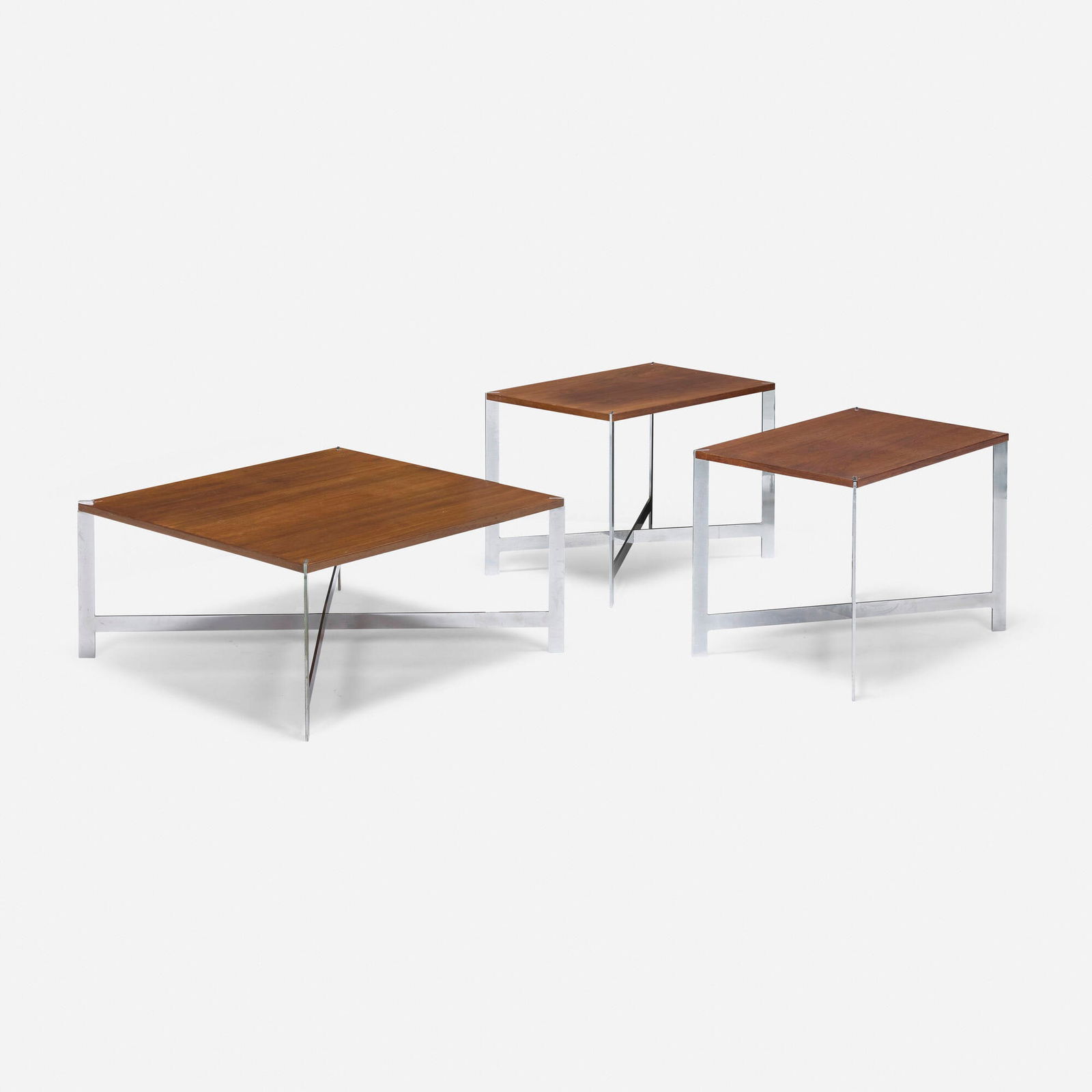 Milo Baughman, Coffee table and occasional tables, pair: Milo Baughman Coffee table and occasional tables, pair Lane FurnitureUSA, c. 1970walnut, chrome-plated steel 20 h x 28 w x 18 d in (51 x 71 x 46 cm) 15 h x 32 w x 32 d in (38 x 81 x 81 cm)
