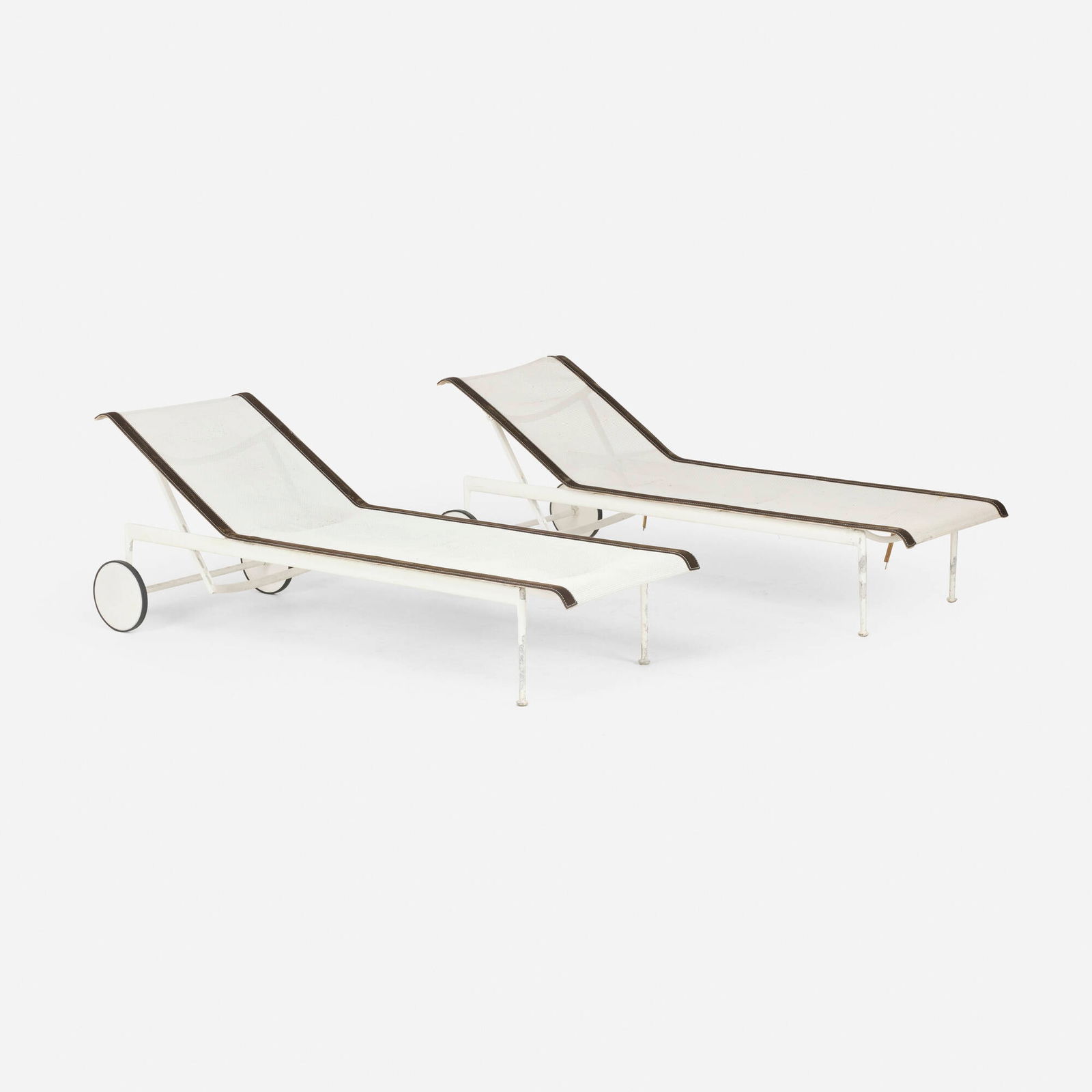 Richard Schultz, 1966 chaise lounges, pair: Richard Schultz 1966 chaise lounges, pair Knoll InternationalUSA, 1966 / c. 1970enameled aluminum, nylon, vinyl 35.75 h x 25.5 w x 73.5 d in (91 x 65 x 187 cm) Aluminum studio label to u