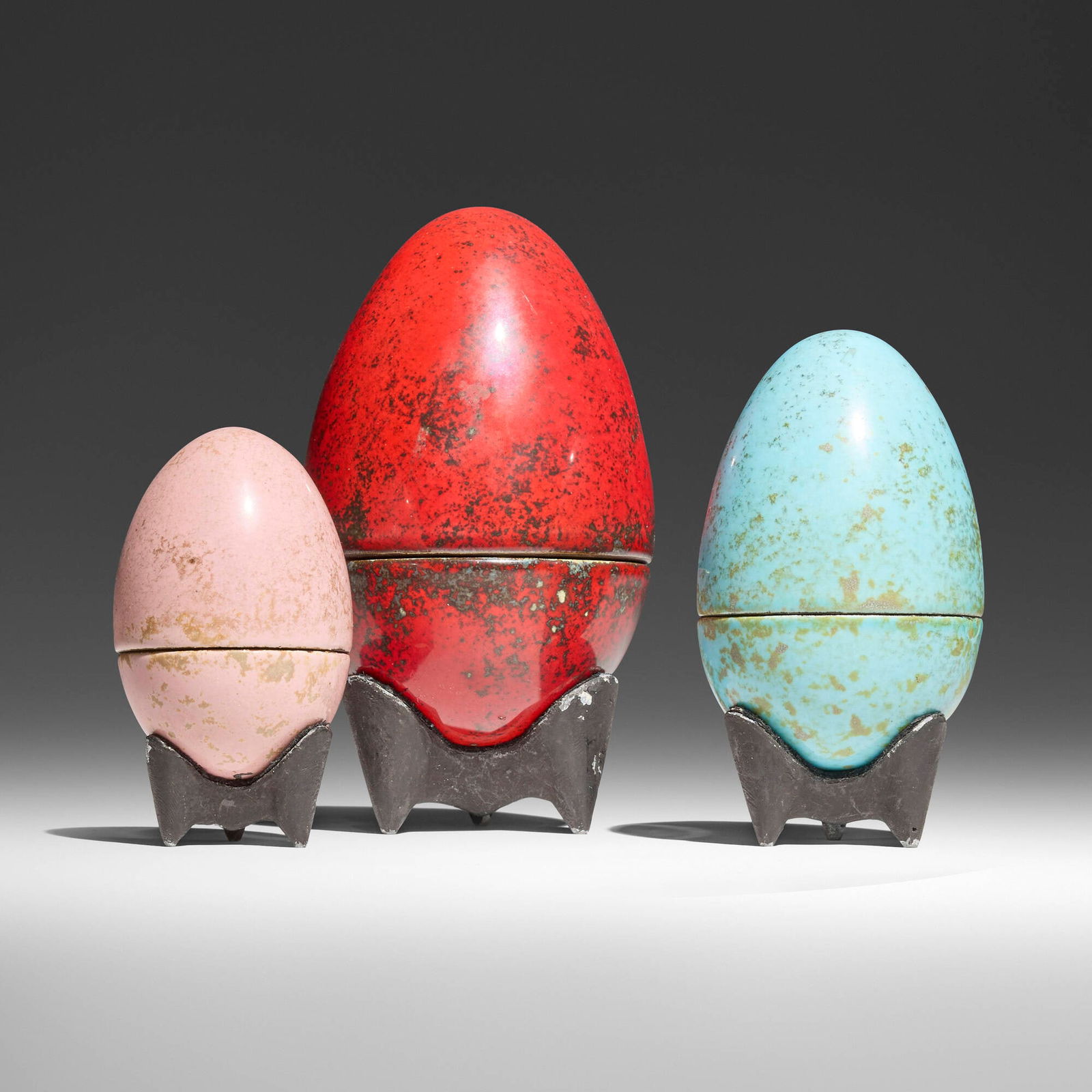 Hans Hedberg, Eggs, set of three: Hans Hedberg Eggs, set of three Swedenglazed stoneware 5.275 h x 3.75 dia in (13 x 10 cm) 4.25 h x 2.625 dia in (11 x 7 cm) 3.25 h x 2.125 dia in (8 x 5 cm) Incised signature to undersid