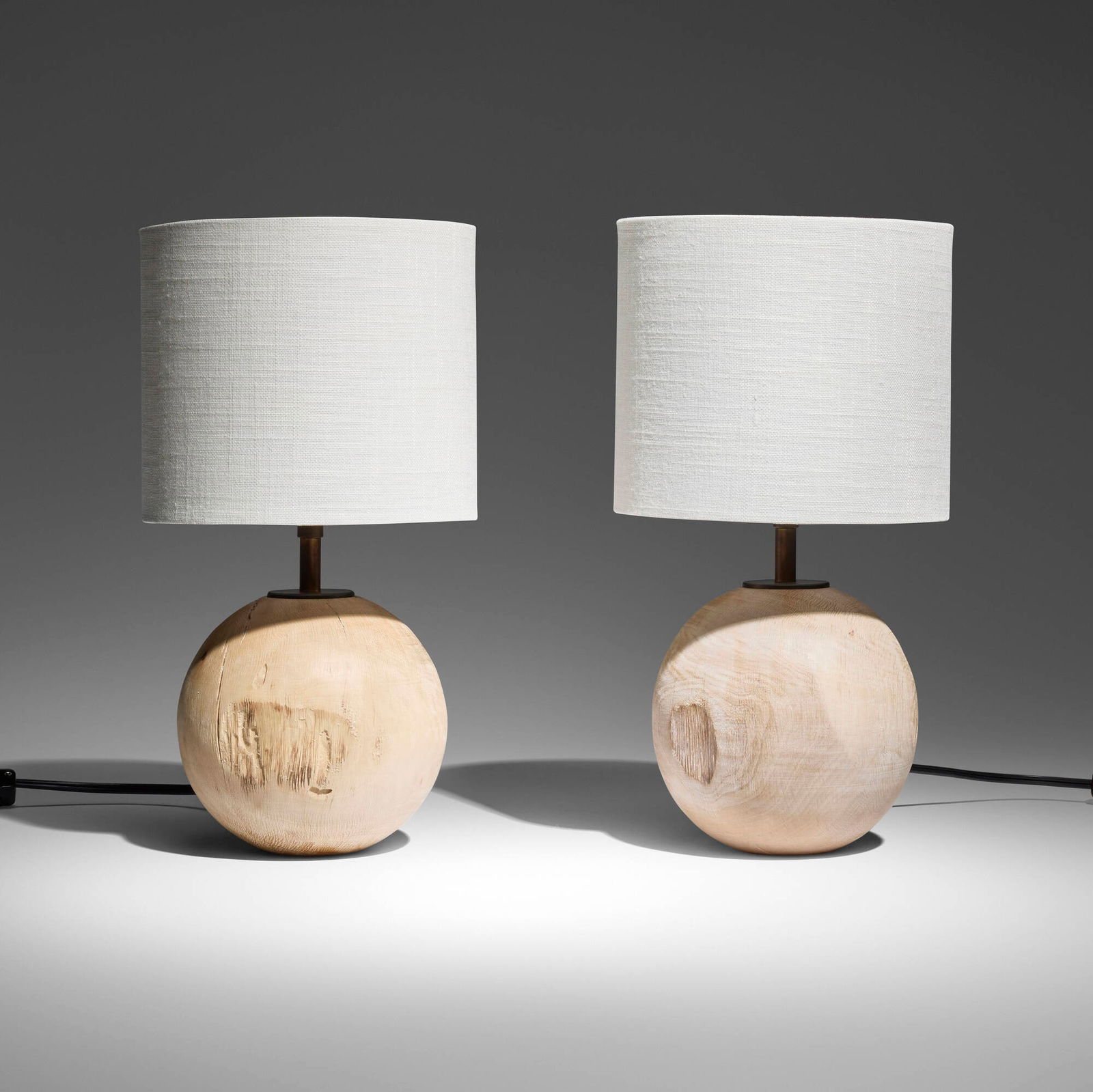 Blackman Cruz Workshop, Quercus lamps, pair: Blackman Cruz Workshop Quercus lamps, pair USAwhite oak with lime wash, brass, linen 13.5 h x 7.5 dia in (34 x 19 cm) Impressed manufacturer's mark to each base 'Blackman Cruz'.