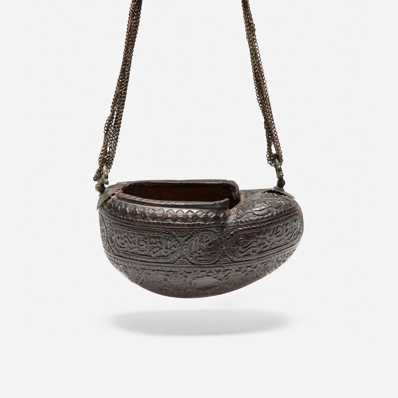 Sufi, Begging bowl: Sufi Begging bowl coco de mer shell, copper, brass, gemstones 6.5 h x 10.5 w x 5.5 d in (17 x 27 x 14 cm) This work will ship from Los Angeles, California.