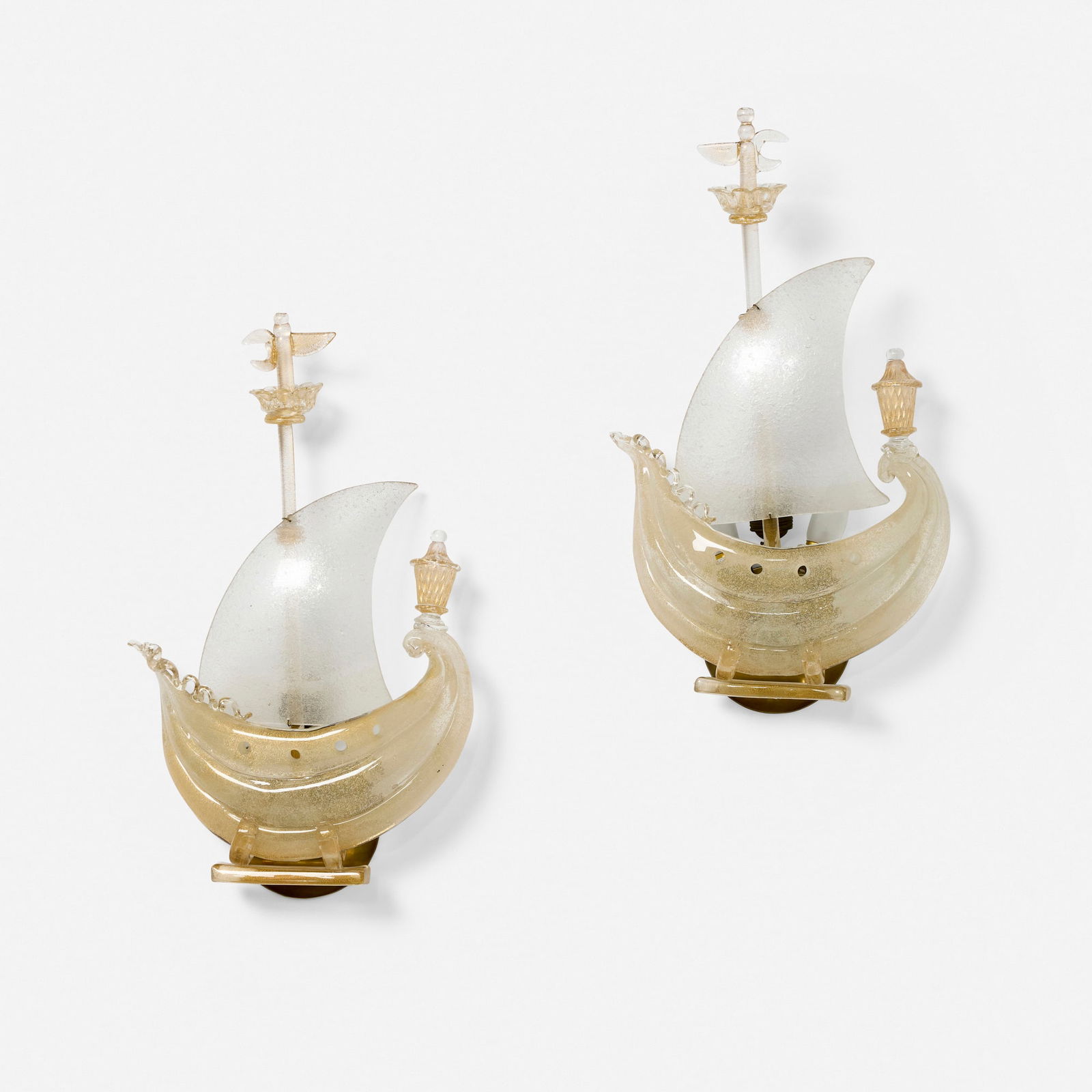 Murano, Boat sconces, pair: Murano Boat sconces, pair Italy, c. 1940glass, brass 21 h x 12 w x 5 d in (53 x 30 x 13 cm) This work will ship from Los Angeles, California.