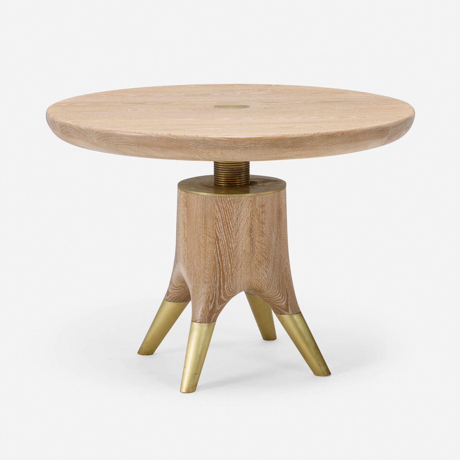 Blackman Cruz Workshop, Adjustable Mushroom table: Blackman Cruz Workshop Adjustable Mushroom table USAcerused white oak, brass tallest: 30.5 h x 40 dia in (77 x 102 cm) This work will ship from Los Angeles, California.