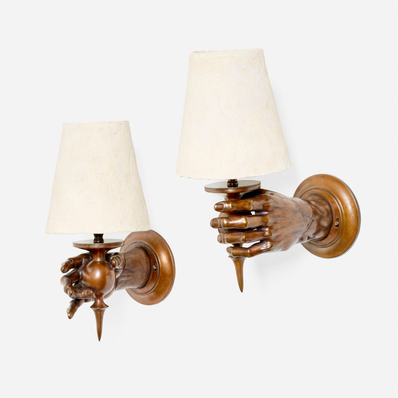 Blackman Cruz Workshop, Hand sconces, pair: Blackman Cruz Workshop Hand sconces, pair USAcast patinated bronze, plaster 15.5 h x 10 w x 8 d in (39 x 25 x 20 cm) Impressed manufacturer's mark to each base 'Blackman Cruz / Kindred'. These