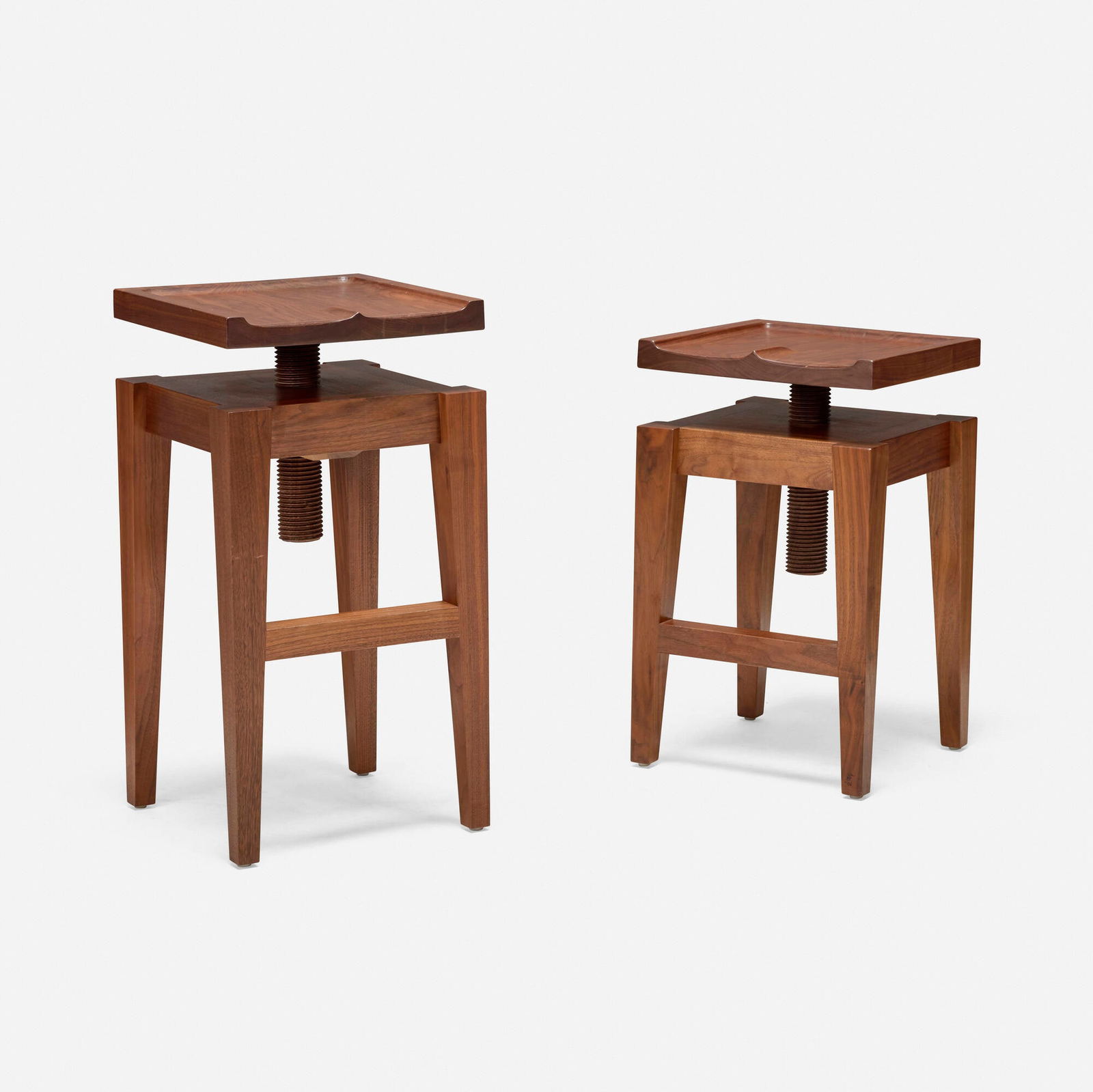 Blackman Cruz Workshop, Ectomorph counter and bar stool: Blackman Cruz Workshop Ectomorph counter and bar stool USAwalnut 29 h x 15 w x 15 d in (74 x 38 x 38 cm) 25 h x 15 w x 15 d in (63 x 38 x 38 cm) Each features an adjustable seat. Metal manu