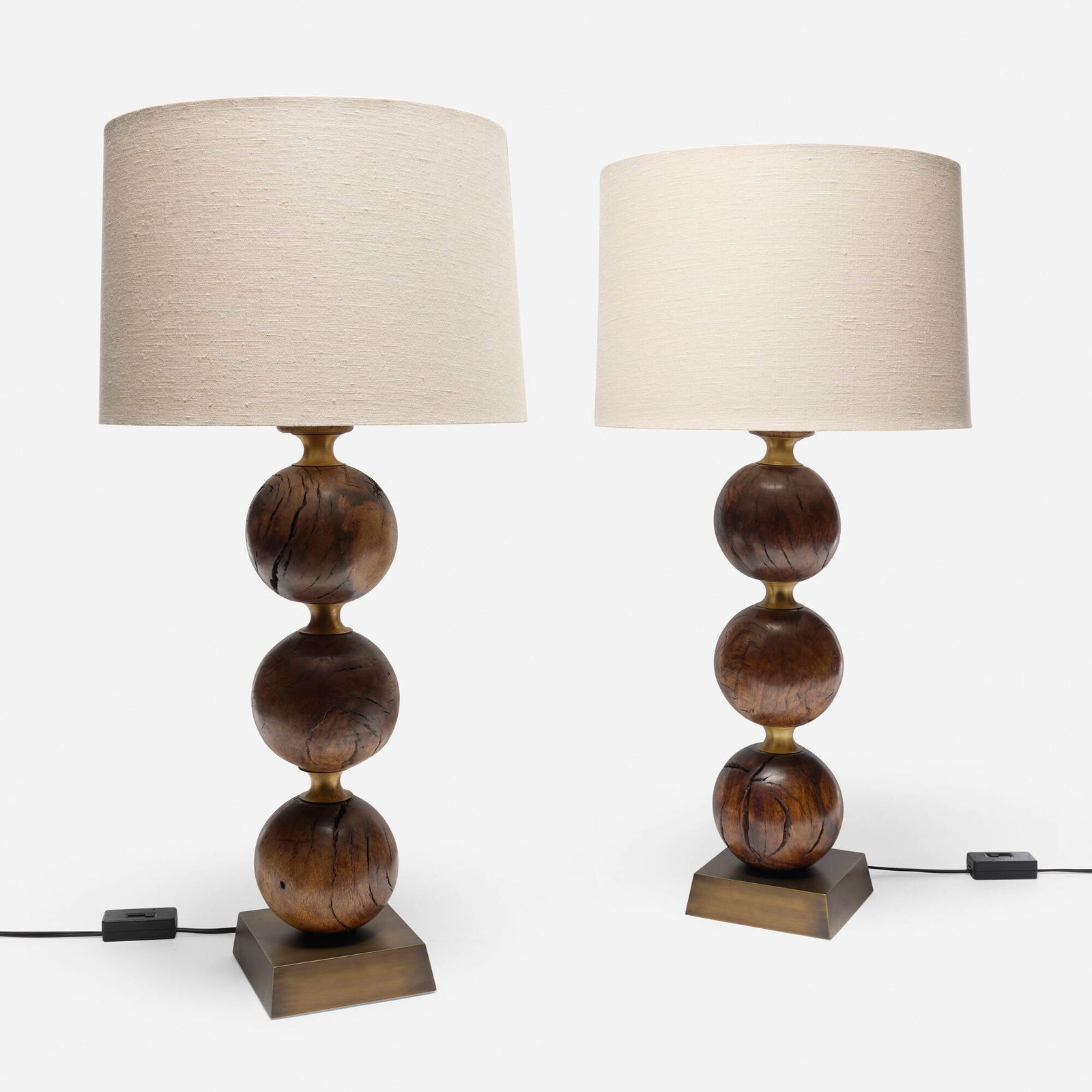 Lika Moore, Triball lamps, pair: Lika Moore Triball lamps, pair Blackman Cruz WorkshopUSAEngelmann oak, brass, linen 35 h x 16.5 dia in (89 x 42 cm) Metal manufacturer's label to base of each example 'BC Workshop Blackm