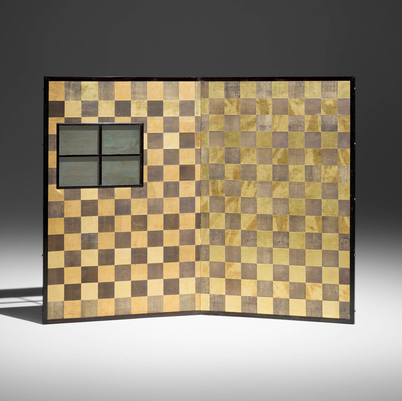 Japanese, Two-panel folding screen: Japanese Two-panel folding screen late Edo Periodtextile, gilt paper 35 h x 23 w x 1.25 d in (89 x 58 x 3 cm) Screen measures 46 inches when fully extended. This work will