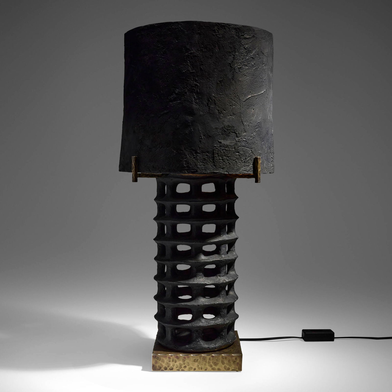 Blackman Cruz Workshop, Webbed Primal table lamp: Blackman Cruz Workshop Webbed Primal table lamp USAIndian Clay Black Hydrocal plaster, hammered brass, plaster shades 31.75 h x 16 dia in (81 x 41 cm) This work will ship from Los