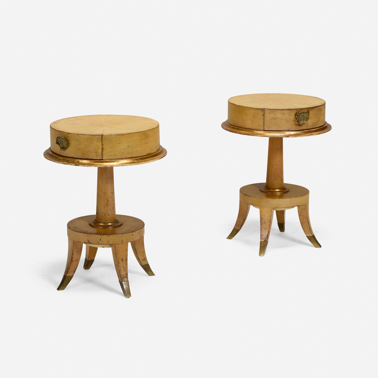 Side tables, pair: Side tables, pair gilt and painted wood, brass 24 h x 17.5 dia in (61 x 44 cm) Side tables each feature one drawer. This work will ship from Los Angeles, California.