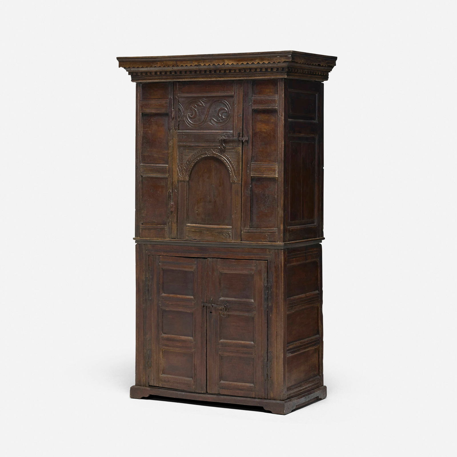English, Linen press: English Linen press 17th centuryoak, iron 84.5 h x 48 w x 6 d in (215 x 122 x 15 cm) Cabinet features a crown molding and two stacking parts, each with two latching doors concealing open stora