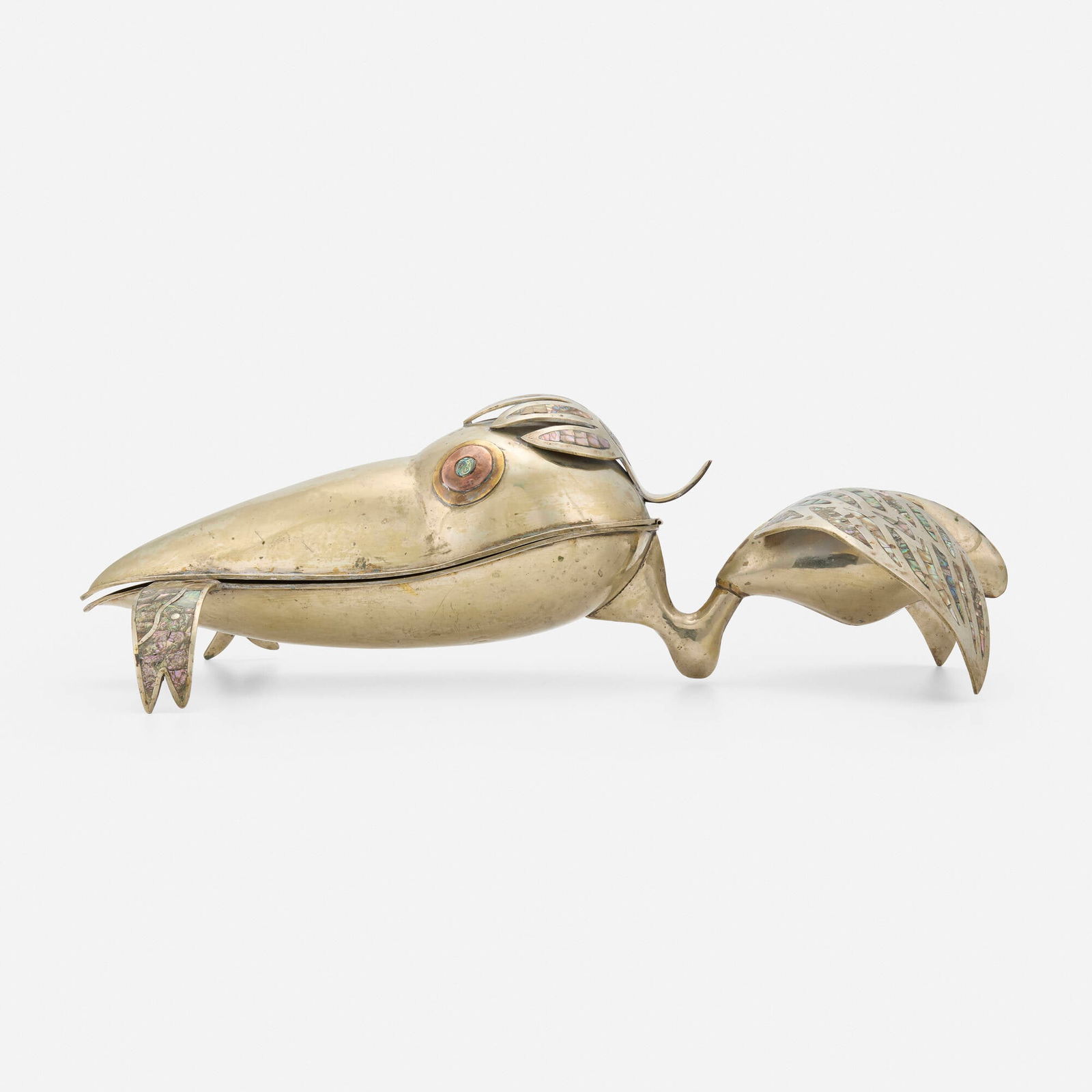 Mexican, Pelican and fish tray: Mexican Pelican and fish tray c. 1950silver-plated brass, copper, mother-of-pearl 7.75 h x 11 w x 24 d in (20 x 28 x 61 cm) This work will ship from Los Angeles, California.