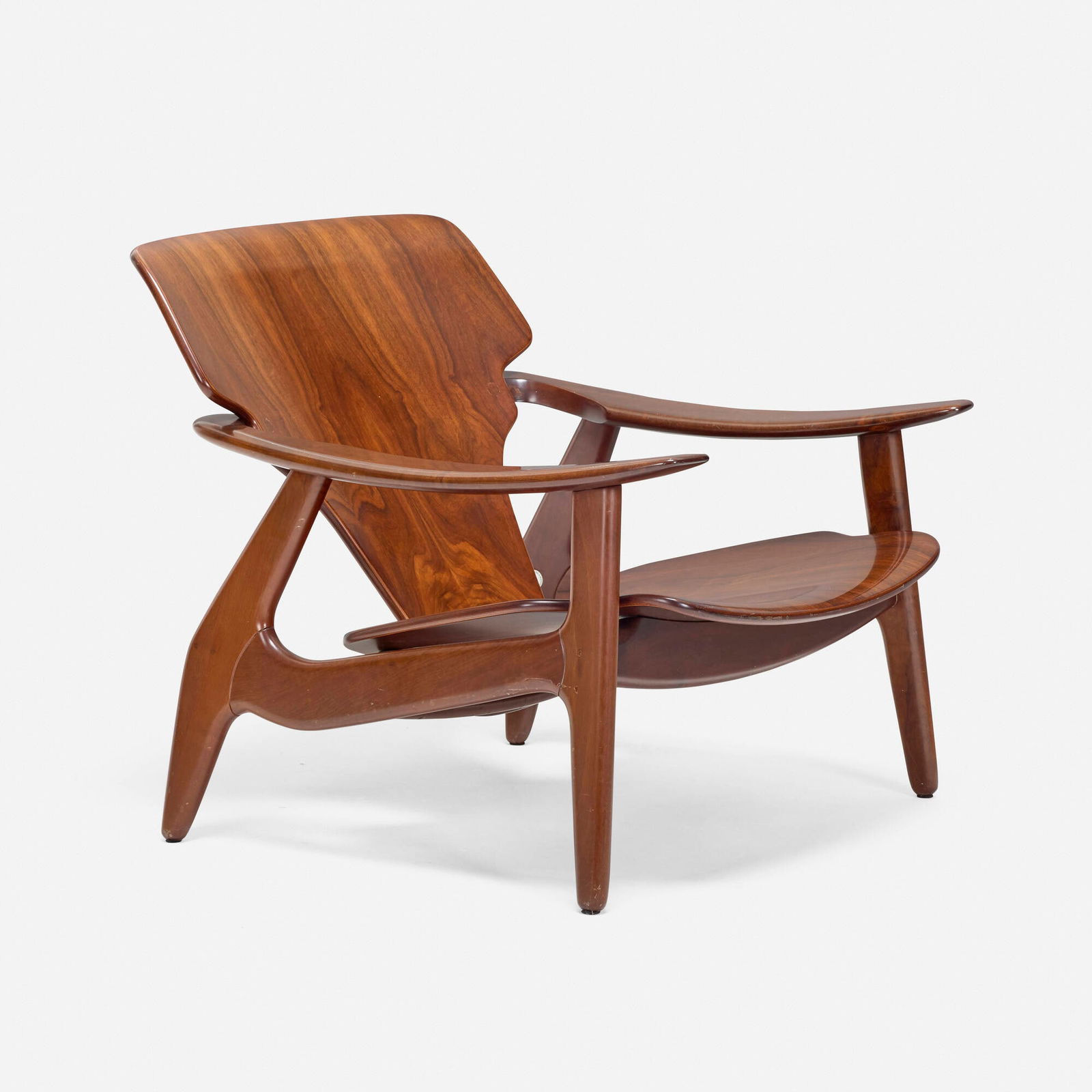 Sergio Rodrigues, Diz lounge chair: Sergio Rodrigues Diz lounge chair LinBrasilBrazil, 2002imbula hardwood 28 h x 28.75 w x 30 d in (71 x 73 x 76 cm) Metal manufacturer's label to underside 'Sergio Rodrigues Arquiteto Bras