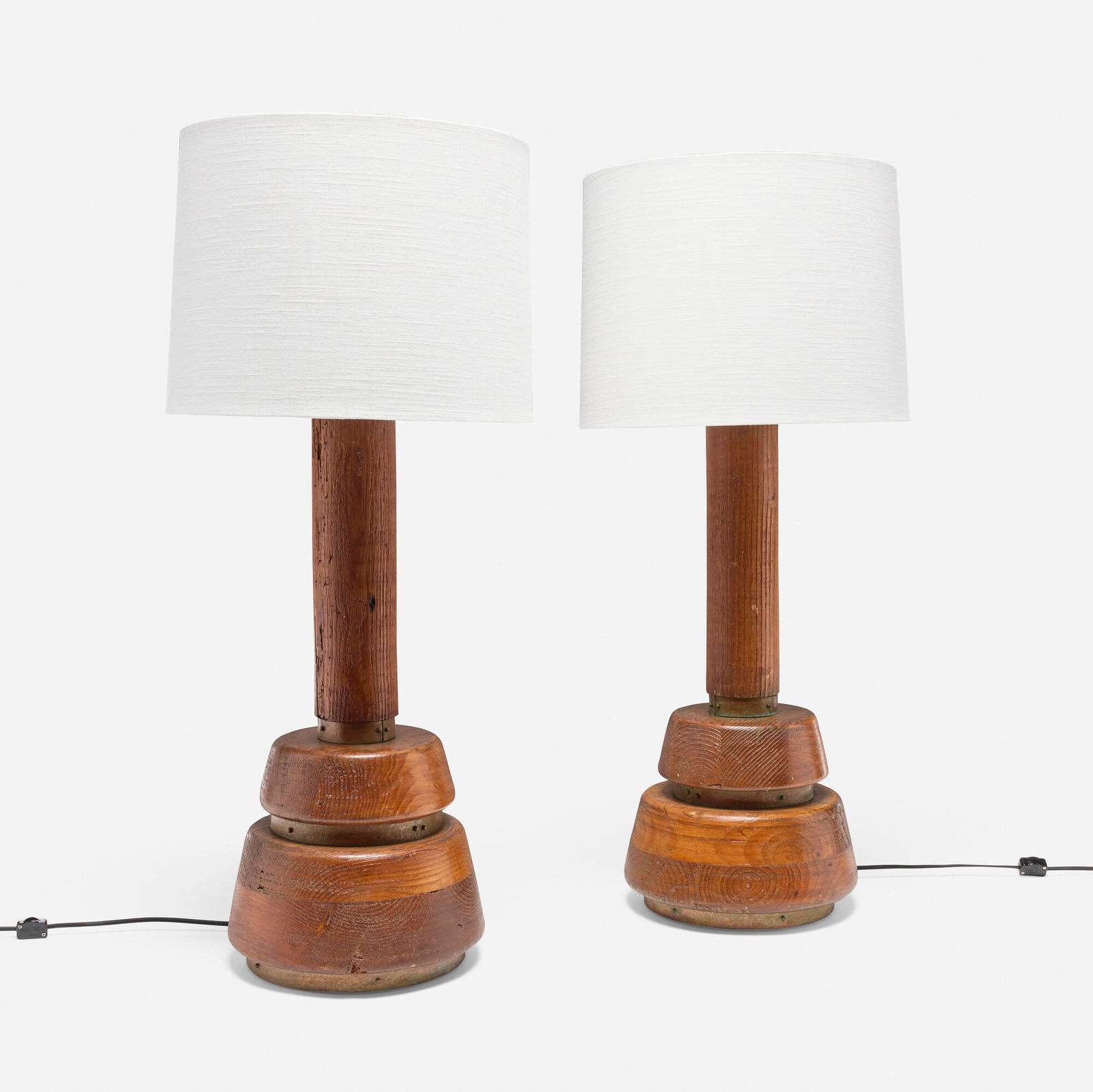 Francisco Artigas, Lamps, pair: Francisco Artigas Lamps, pair Mexico, c. 1965oak, copper, brass, linen shade 37.5 h x 16 dia in (95 x 41 cm) Artigas was a Mexican Modernist architect who urbanized the southern part of Mexico