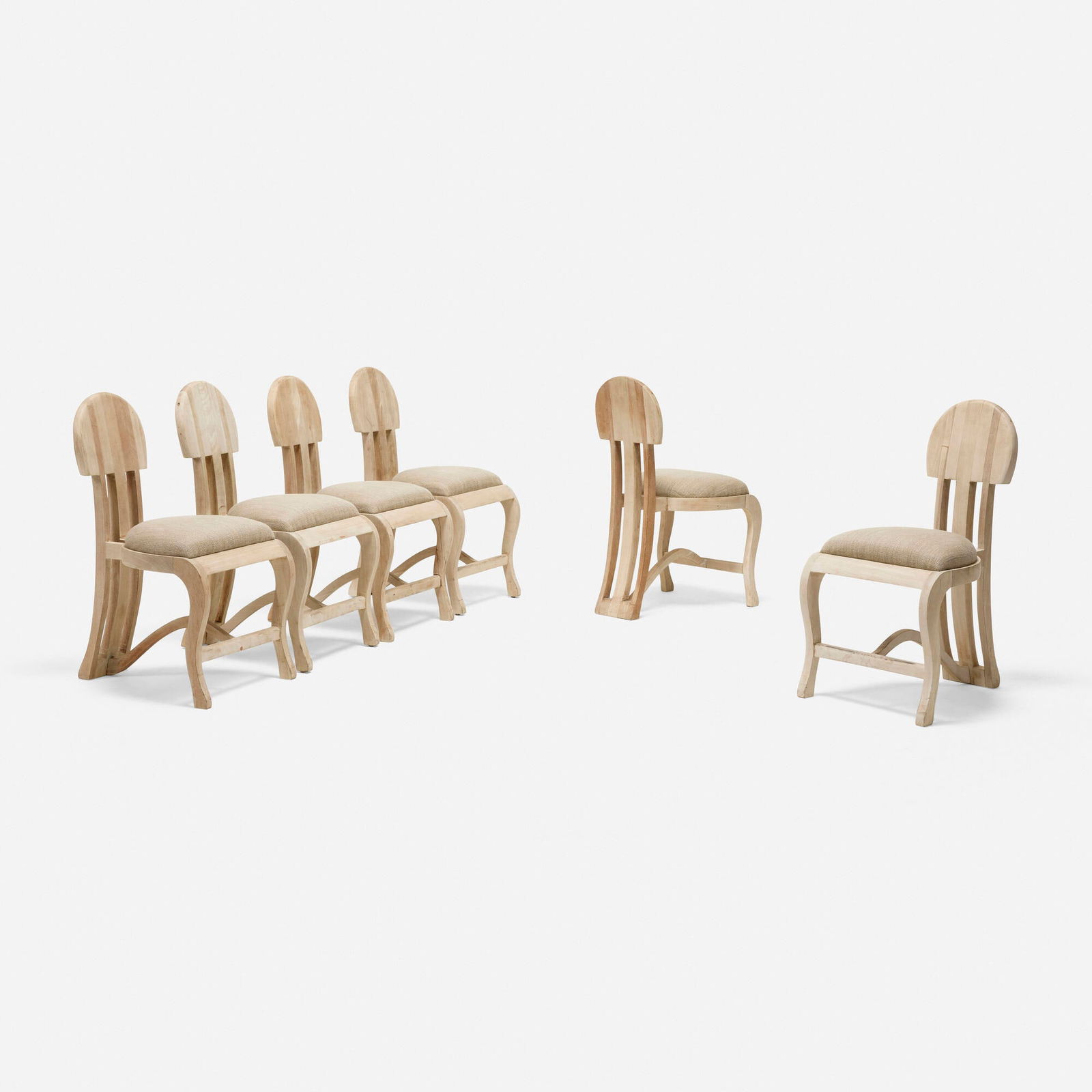 Mexican, Dining chairs, set of six: Mexican Dining chairs, set of six c. 1960bleached mahogany, cotton upholstery 33.5 h x 17.25 w x 24 d in (85 x 44 x 61 cm) This work will ship from Los Angeles, California.