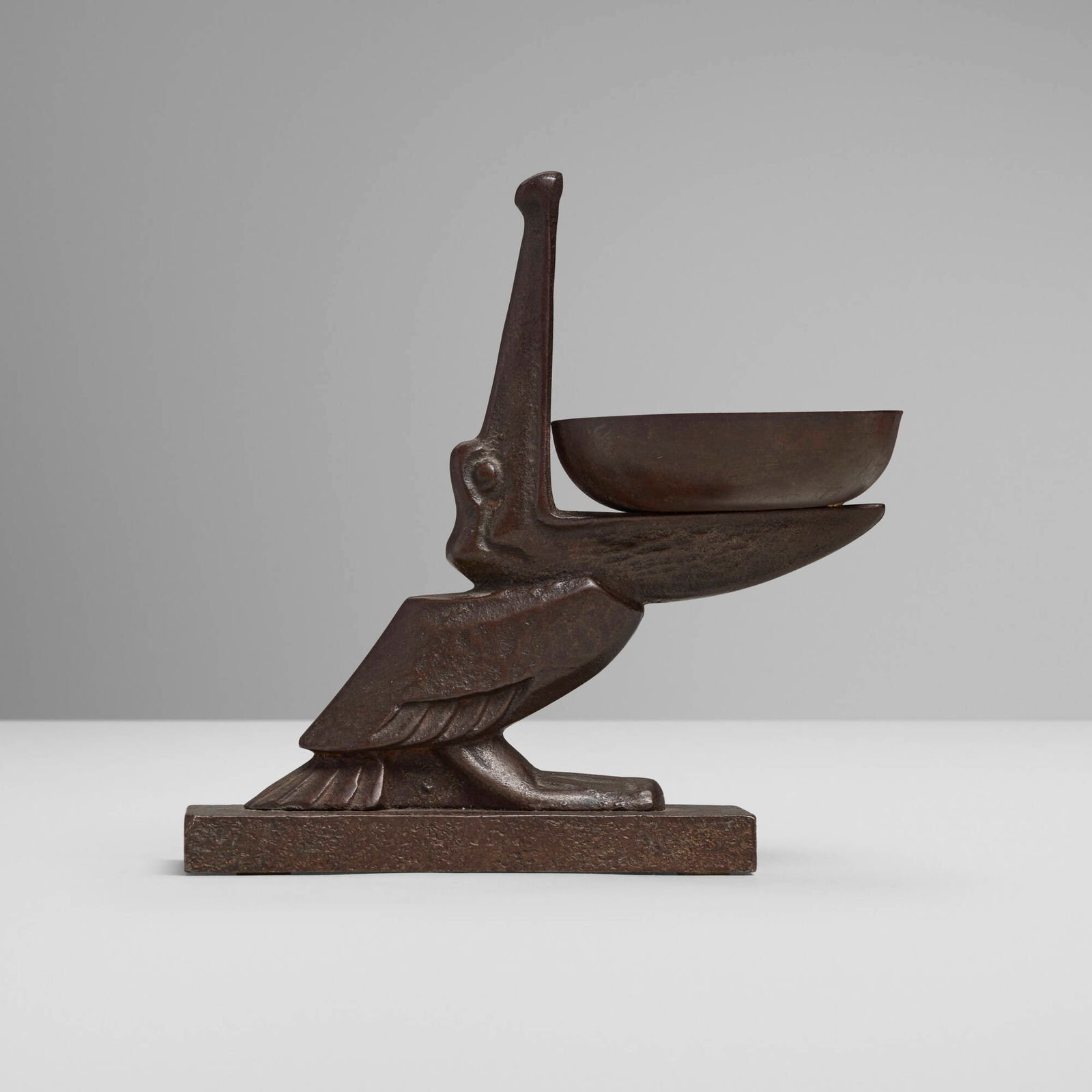 Edgar Brandt, Pelican ashtray: Edgar Brandt Pelican ashtray France, c. 1926-28patinated bronze 5.5 h x 5.375 w x 2.75 d in (14 x 14 x 7 cm) Impressed manufacturer's mark to base 'E. Brandt'. Provenance: