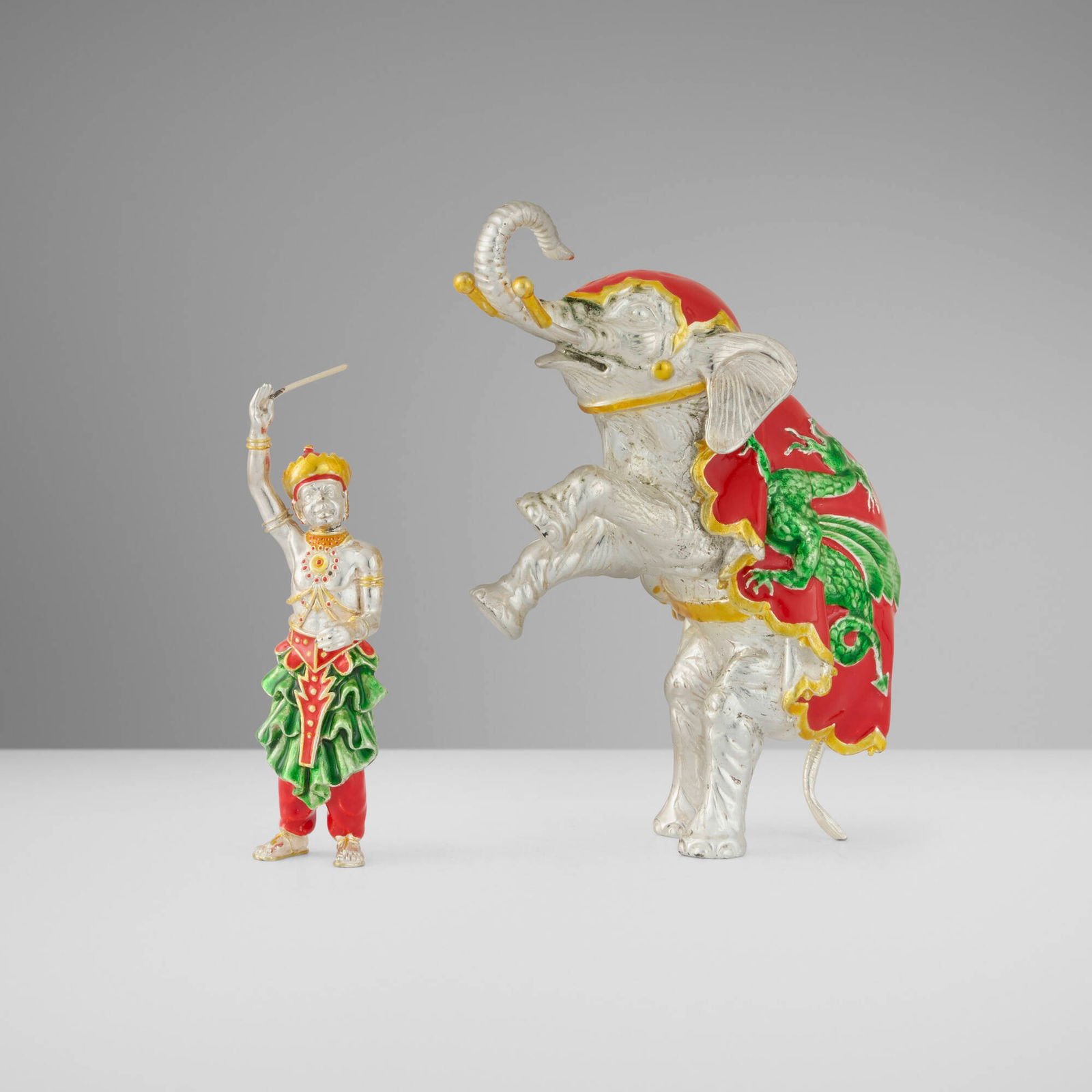 Gene Moore for Tiffany & Co., Circus elephant and rider: Gene Moore for Tiffany & Co. Circus elephant and rider USA / Italy, 1988-1990enameled sterling silver 5.75 h x 4.25 w x 2.5 d in (15 x 11 x 6 cm) 4.25 h x 1.25 w x 1.75 d in (11 x 3 x 4 cm)