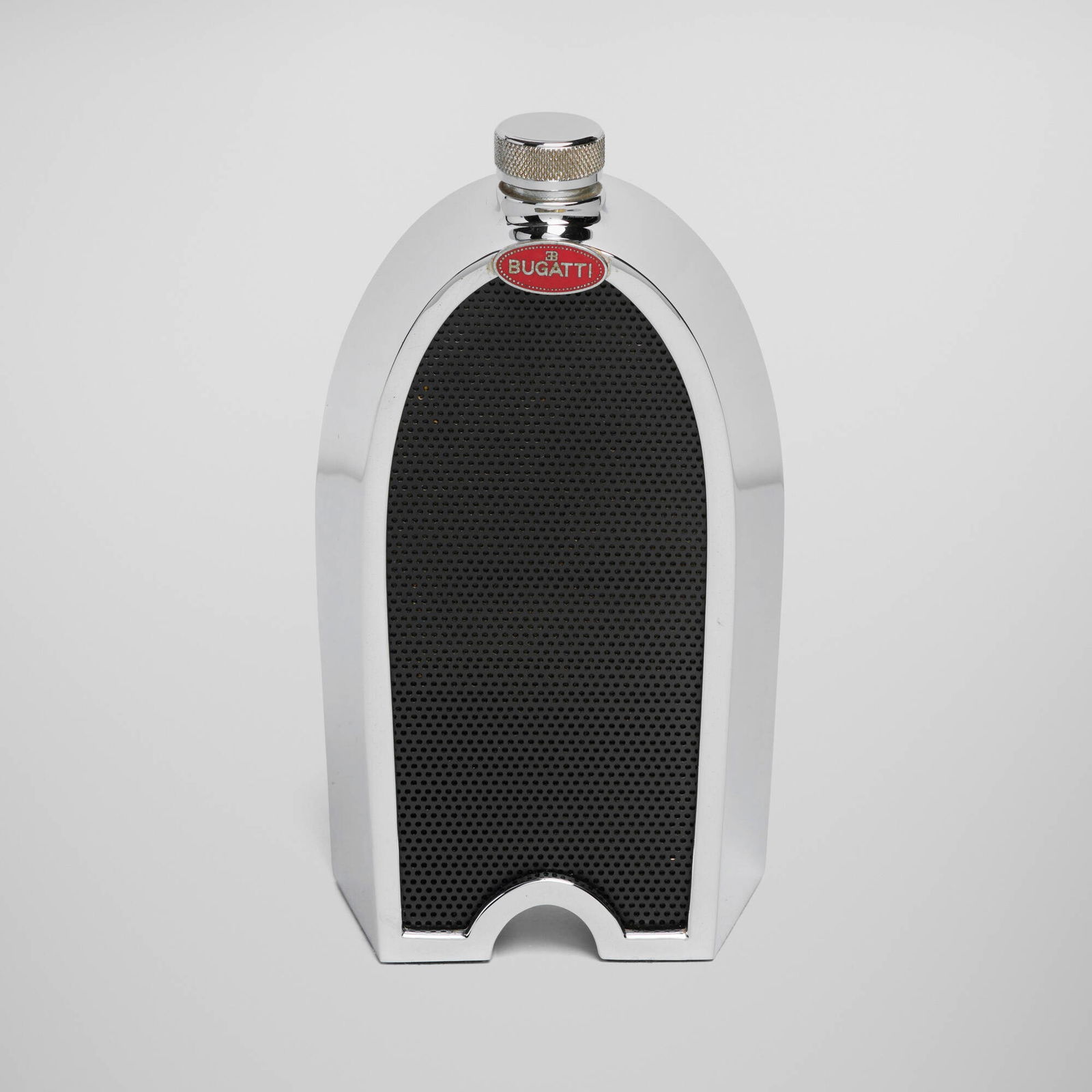 Ruddspeed Ltd., Bugatti radiator decanter: Ruddspeed Ltd. Bugatti radiator decanter United Kingdom, c. 1965chrome-plated metal, perforated and enameled steel, enamel, glass liner 7.75 h x 4.25 w x 2 d in (20 x 11 x 5 cm) Impressed manu