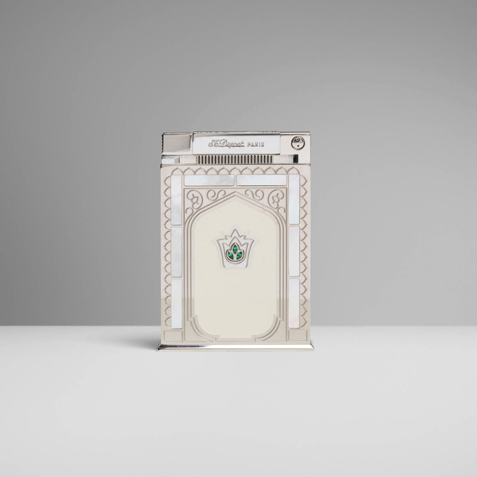 S.T. Dupont, Taj Mahal jeroboam table lighter: S.T. Dupont Taj Mahal jeroboam table lighter France, 2002lacquer, platinum-plated metal, mother-of-pearl, green alpinite 4 h x 2.75 w x 1 d in (10 x 7 x 3 cm) Impressed manufacturer's mark and