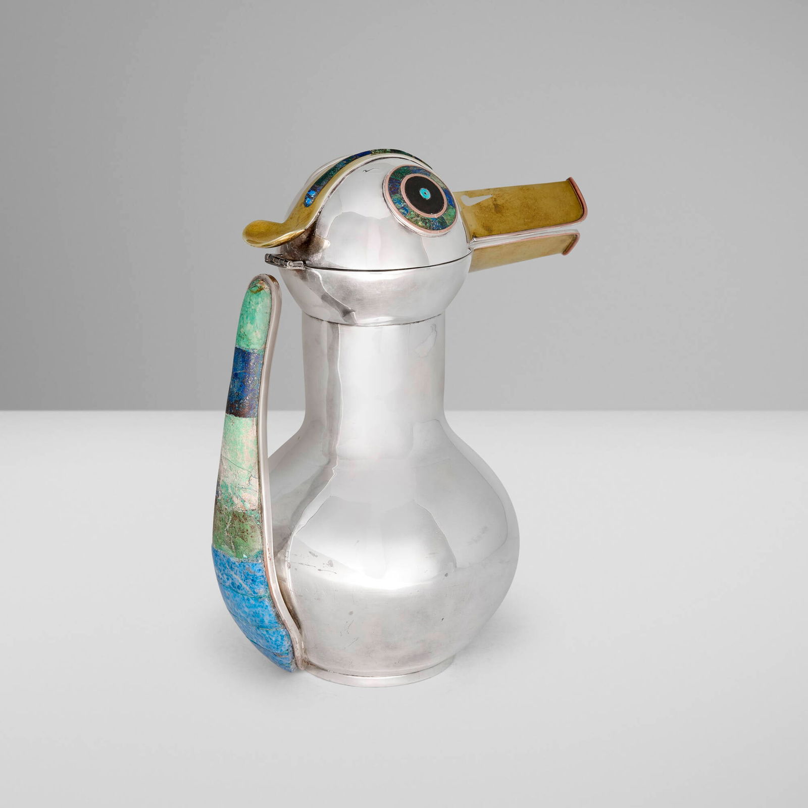 Los Castillo, Duck pitcher: Los Castillo Duck pitcher Mexico, c. 1960silver-plated metal, copper, brass, hardstone inlay 10 h x 8 w x 5.5 d in (25 x 20 x 14 cm) Impressed manufacturer's mark to underside 'Los Castillo Ta