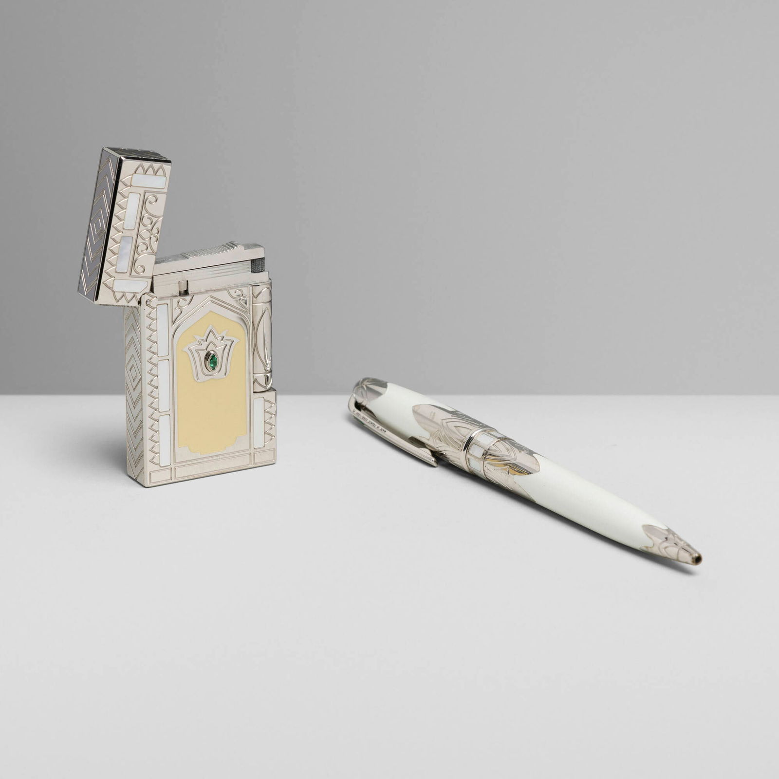 S.T. Dupont, Taj Mahal pocket lighter and ball pen: S.T. Dupont Taj Mahal pocket lighter and ball pen France, 2002 lacquer, platinum-plated metal, mother-of-pearl, green alpinite lighter: 2.5 h x 1.5 w x 0.5 d in (6 x 4 x 1 cm) pen: 5.375 h x 0.625