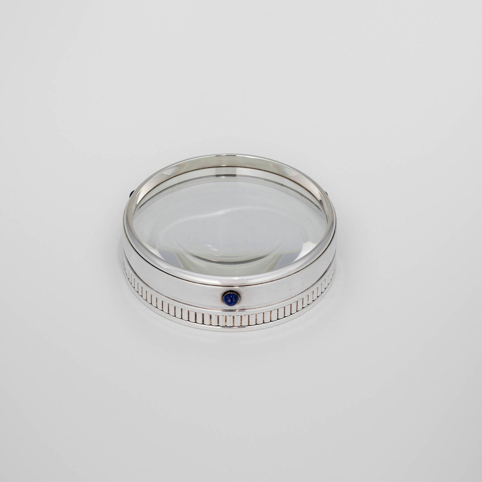 Cartier, Lapis Collection magnifier paperweight: Cartier Lapis Collection magnifier paperweight France / Spain, 1990 silver-plated metal, glass, lapis lazuli 1 h x 3.5 dia in (3 x 9 cm) Impressed manufacturer's mark and date to underside