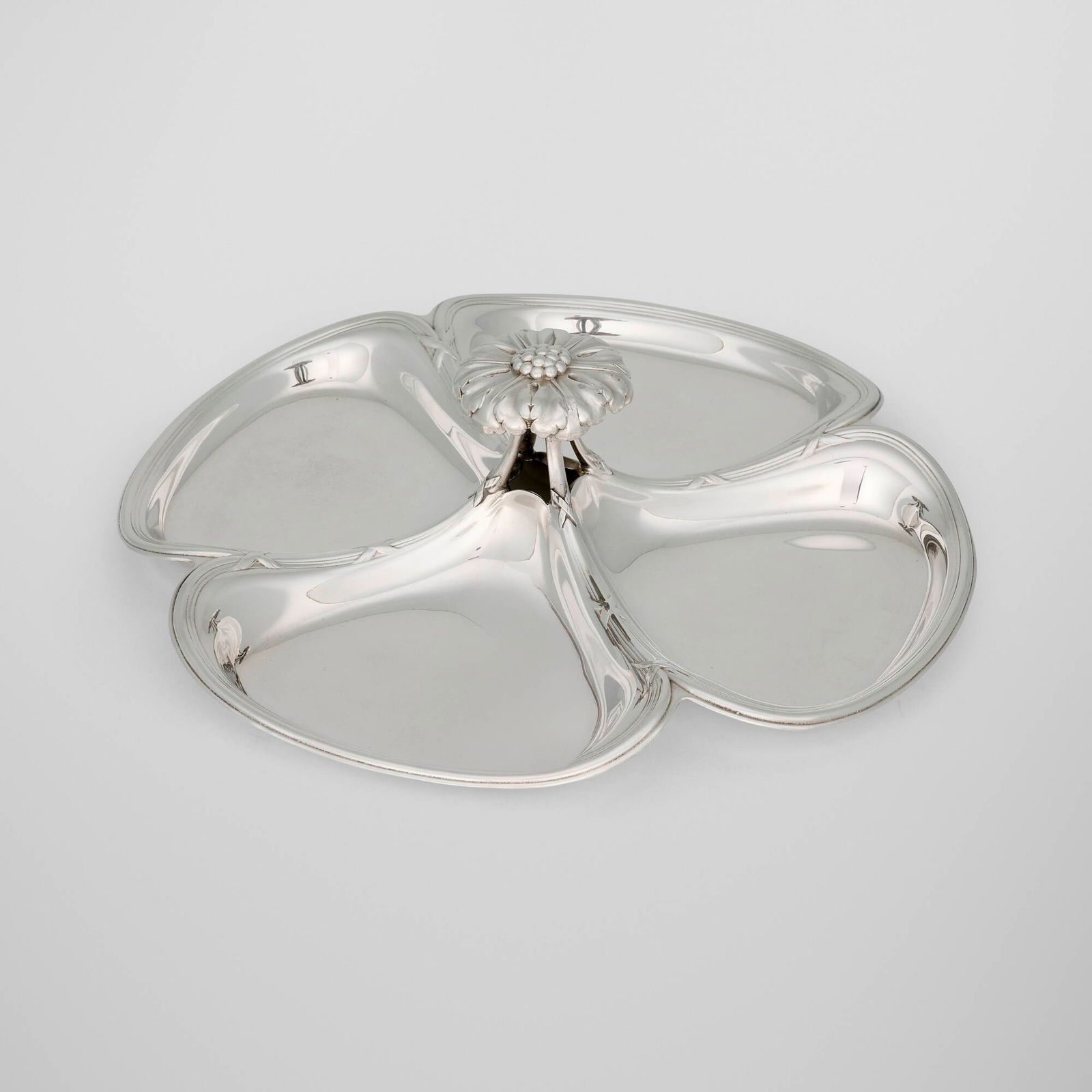 Christofle, Hors d'oeuvres dish with daisy finial: Christofle Hors d'oeuvres dish with daisy finial France, c. 1920silver-plated metal 4 h x 13.875 dia in (10 x 35 cm) Impressed manufacturer's mark to underside 'Orfevrerie Gallia' with fox hea