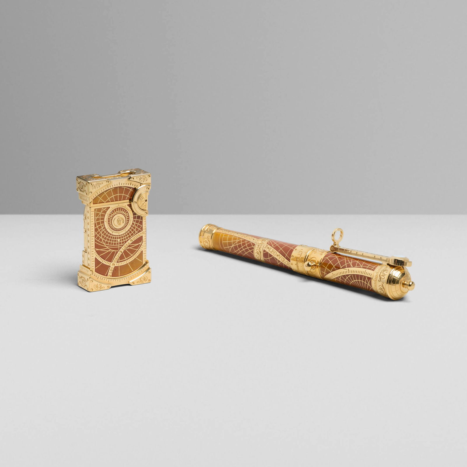 S.T. Dupont, Shoot the Moon Prestige pocket lighter and ball pen: S.T. Dupont Shoot the Moon Prestige pocket lighter and ball pen France, 2015lacquer, gold-plated metal, moonstone lighter: 2.625 h x 1.625 w x 0.625 d in (7 x 4 x 2 cm) pen: 6.625 h x 1 w x 1.125