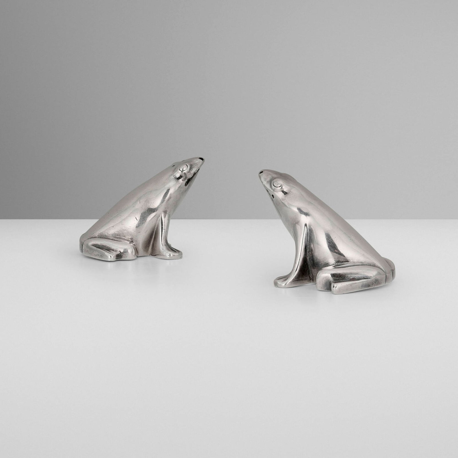 Edouard-Marcel Sandoz, Gallia animalier frog salt and pepper shakers, pair: Edouard-Marcel Sandoz Gallia animalier frog salt and pepper shakers, pair Switzerland, c. 1930 / 1935-1983silver-plated metal 1.5 h x 1.75 w x 2 d in (4 x 4 x 5 cm) Impressed manufacturer's ma