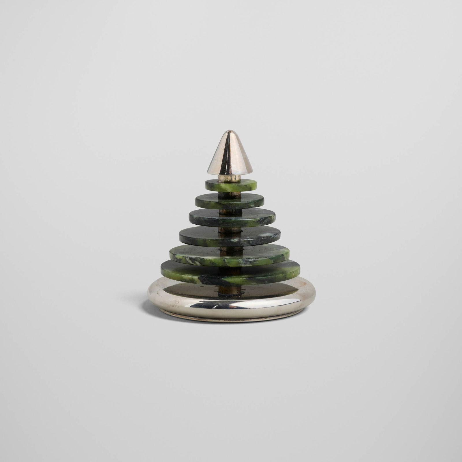 Bulgari, Spruce tree-form paperweight / card holder: Bulgari Spruce tree-form paperweight / card holder Italy, c. 1982 jade, sterling silver 2.75 h x 2.25 dia in (7 x 6 cm) Impressed manufacturer's marks to underside 'Bvlgari 925'. 5.69 ozt. (gross