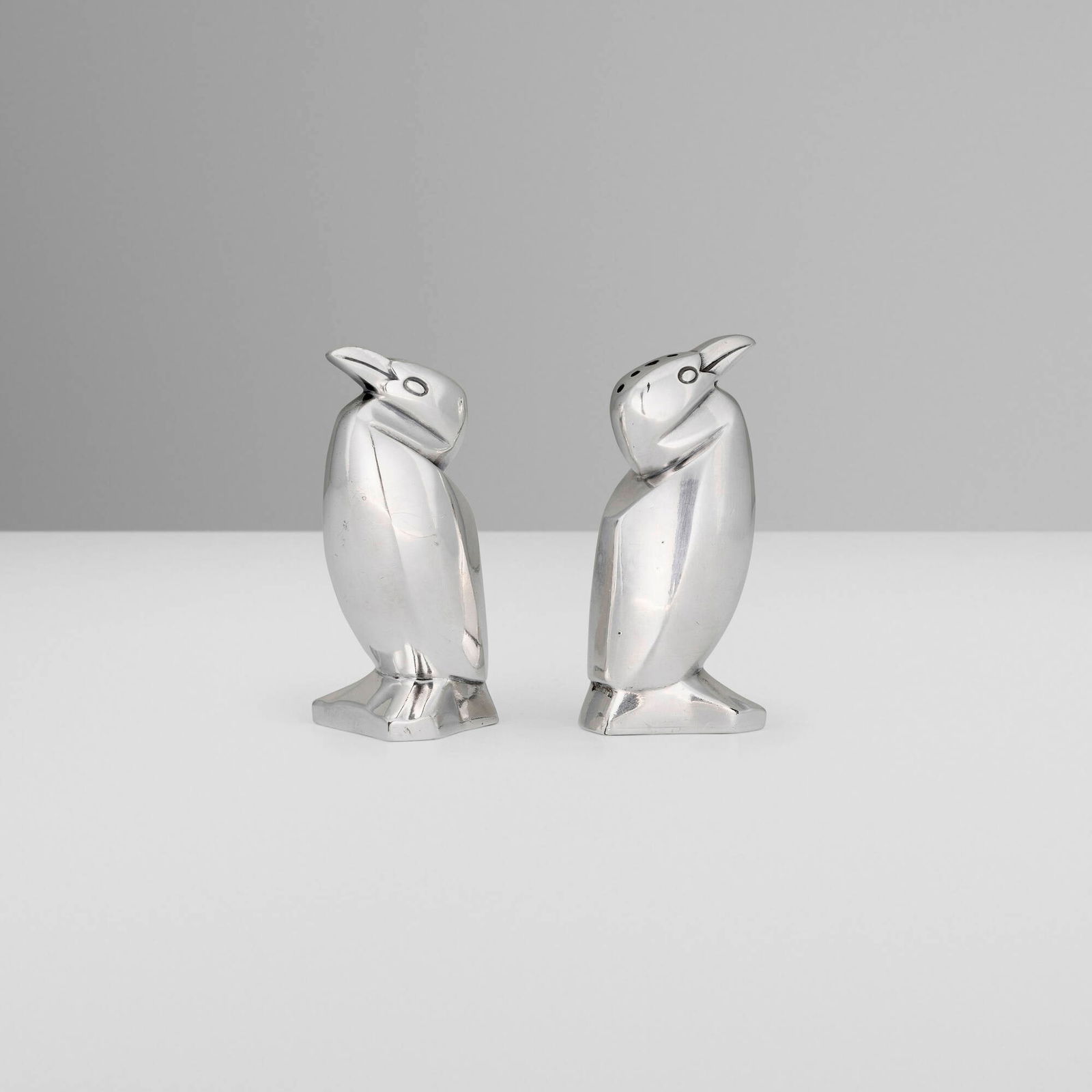 Edouard-Marcel Sandoz, Gallia animalier penguin salt and pepper shakers, pair: Edouard-Marcel Sandoz Gallia animalier penguin salt and pepper shakers, pair ChristofleSwitzerland / France, c. 1930silver-plated metal 3.5 h x 1.5 w x 1.25 d in (9 x 4 x 3 cm) Impressed